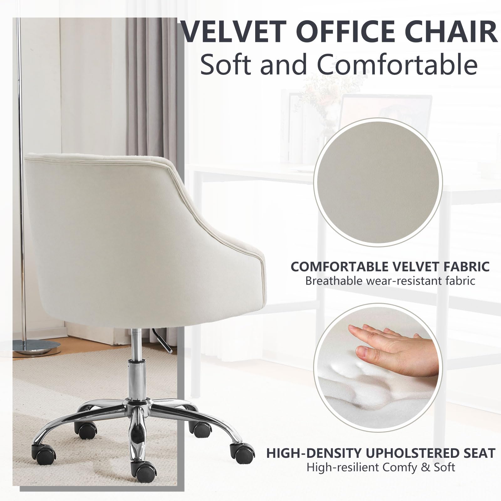 MOJAY Velvet Office Swivel Chair - Adjustable Height 360° Rotating Vanity Desk Chair with Gold Base, Soft Fabric Upholstery for Women's Home Office, Reception Area, and Dressing Room (White)