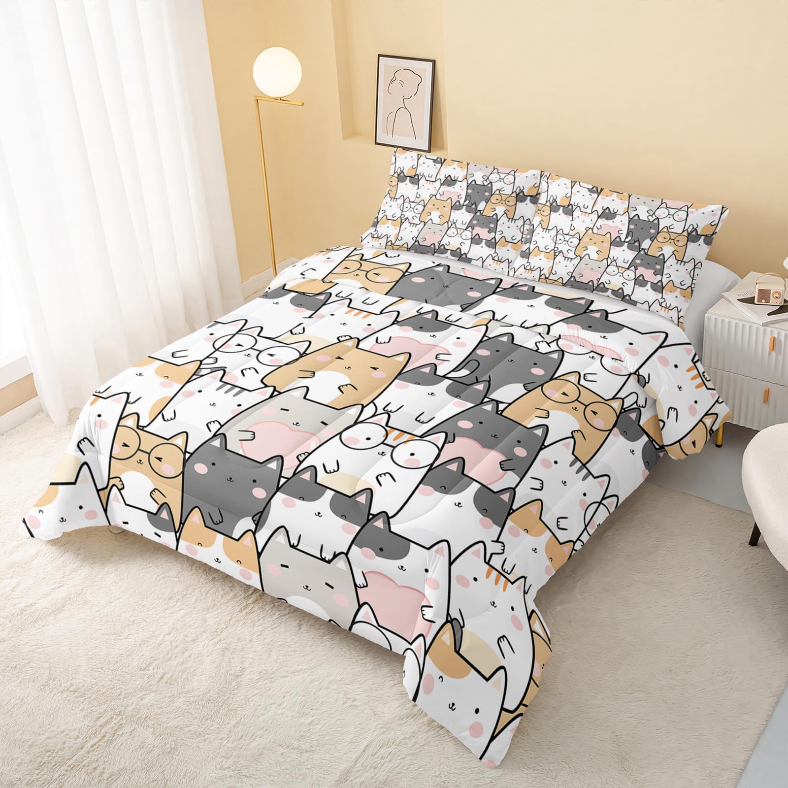QOOMO Kawaii Cat Comforter Full Size - 3PCS Cute Cat Print Bedding Set with 2 Pillowcases for Kids & Teens | Soft Lightweight Down Alternative Comforter | Perfect for Kids' Bedrooms, Dorm Rooms & Sleepovers