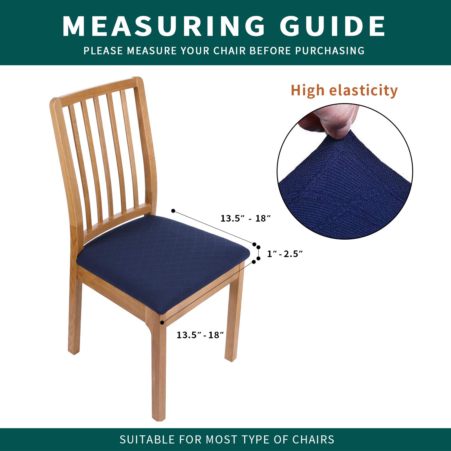 Smiry Stretch Checkered Jacquard Dining Room Chair Seat Covers with Buckle - Set of 4, Navy Blue - Waterproof & Anti-Slip Seat Protectors for Home, Restaurant, and Office Use