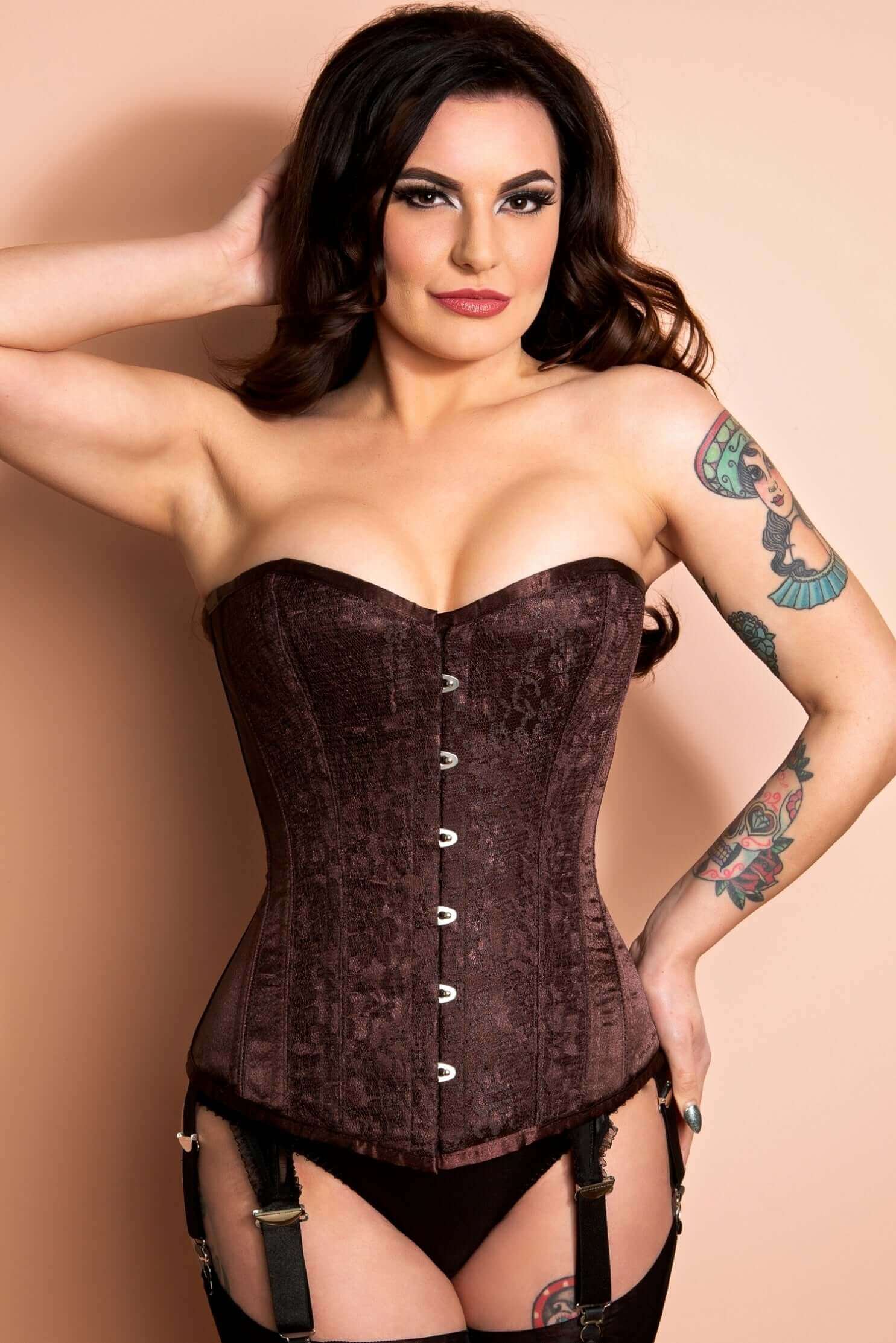 Playgirl Nina Chocolate Brown Long Length Steel Boned Corset for Women - Waist Training Corset Top for Shapewear, Burlesque & Vintage Fashion - Perfect for Cosplay, Lingerie & Special Occasions