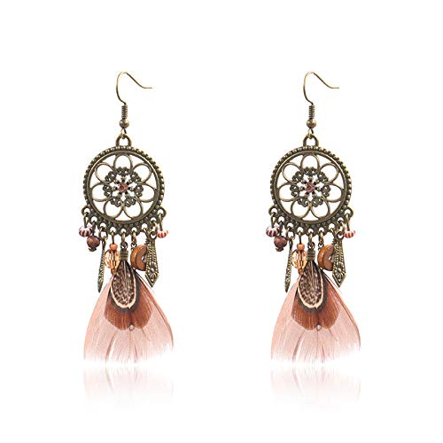 Bohemian Feather Earrings for Women - Retro Round Hollow Dangle Earrings - Exaggerated Fashion Jewelry Accessories for Parties, Festivals & Boho Outfits