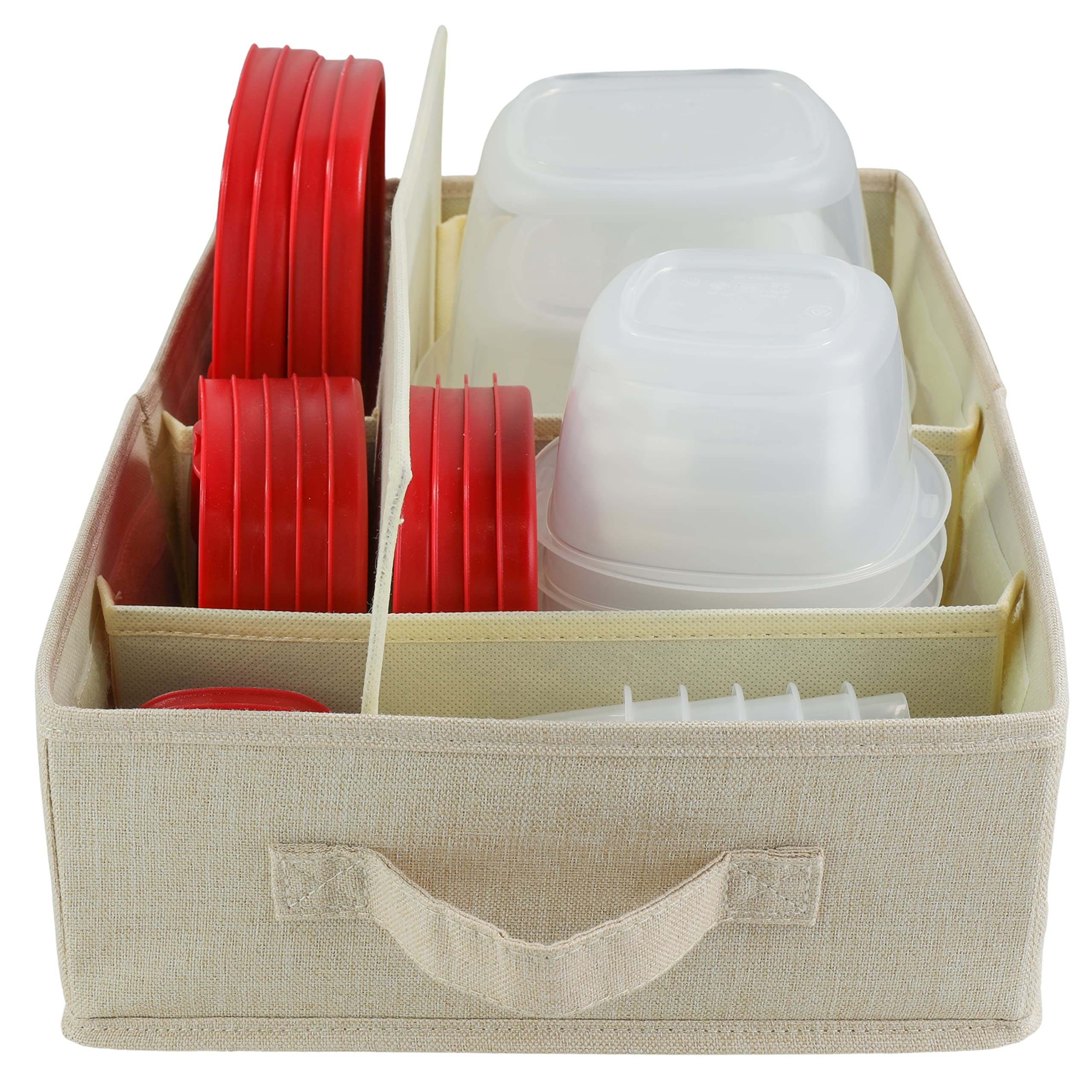 Food Storage Container Organizer Box - Adjustable Foldable Cloth Drawer Organizer for Rubbermaid & Glad Containers with Lids | Perfect Kitchen Storage Solution for Pantry, Fridge & Cabinet Organization