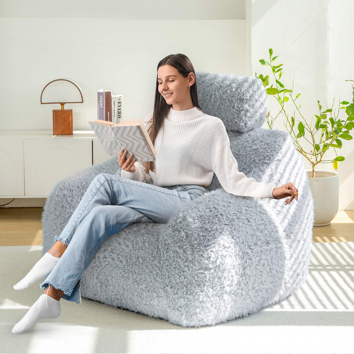 MAXYOYO Fluffy Comfy Large Bean Bag Chair with Pillow - Oversized Lounger for Reading, Gaming & Relaxation in Dusty Blue - Perfect for Bedrooms, Dorms & Game Rooms