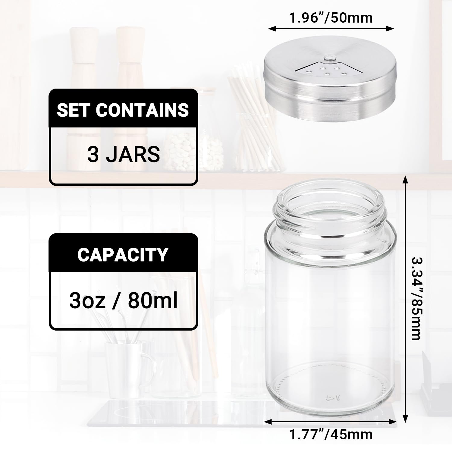 Segarty 3-Pack 3 oz Glass Spice Jars with Adjustable Shaker Lids - Empty Seasoning Containers with Stainless Steel Flow Top for Salt, Pepper & Spices - Perfect for Kitchen Storage, Pantry Organization & Cooking Essentials