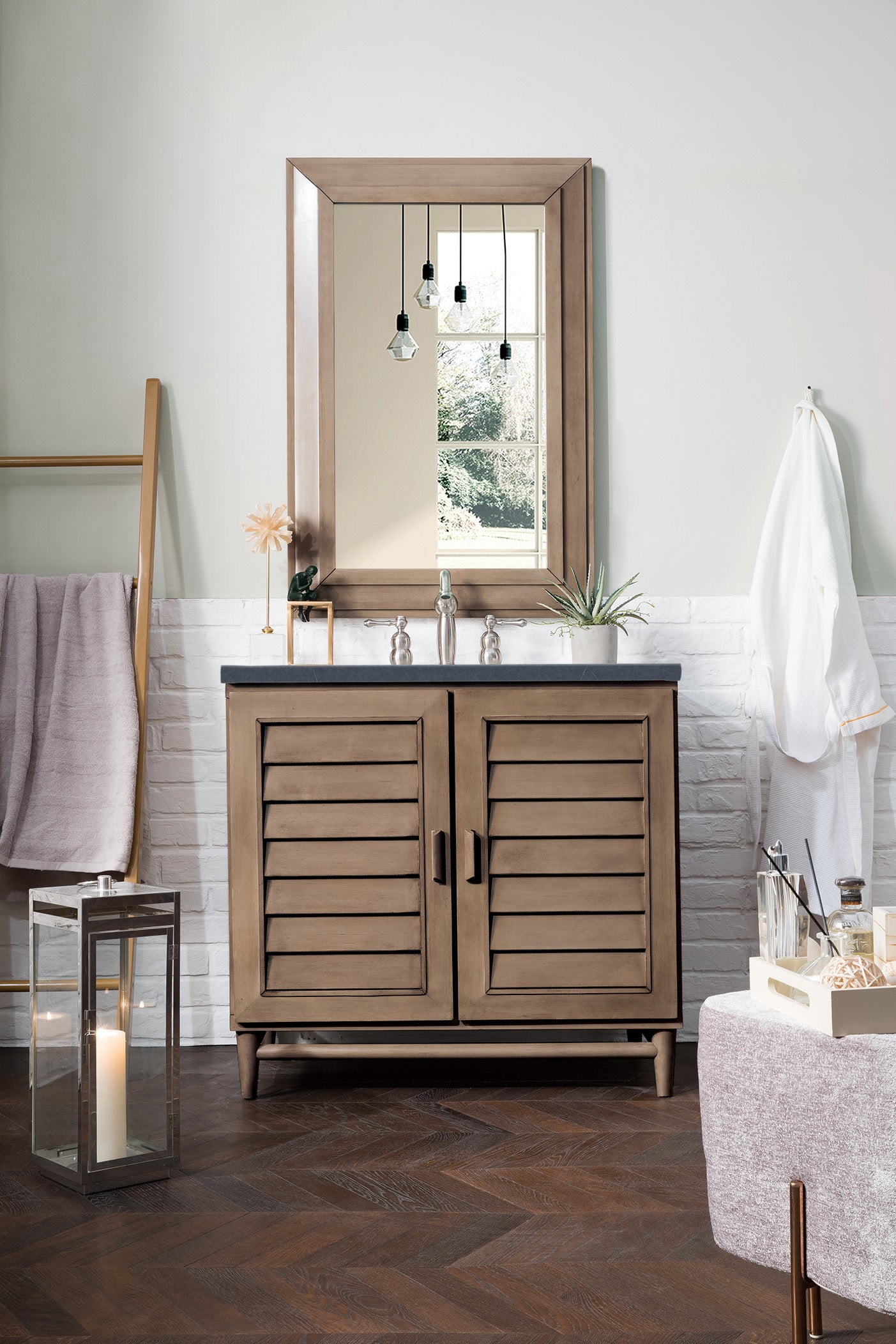 Portland 36 Inch Single Bathroom Vanity in Whitewashed Walnut with 3CM Charcoal Soapstone Quartz Countertop - Perfect for Modern Farmhouse, Coastal, or Transitional Style Bathrooms