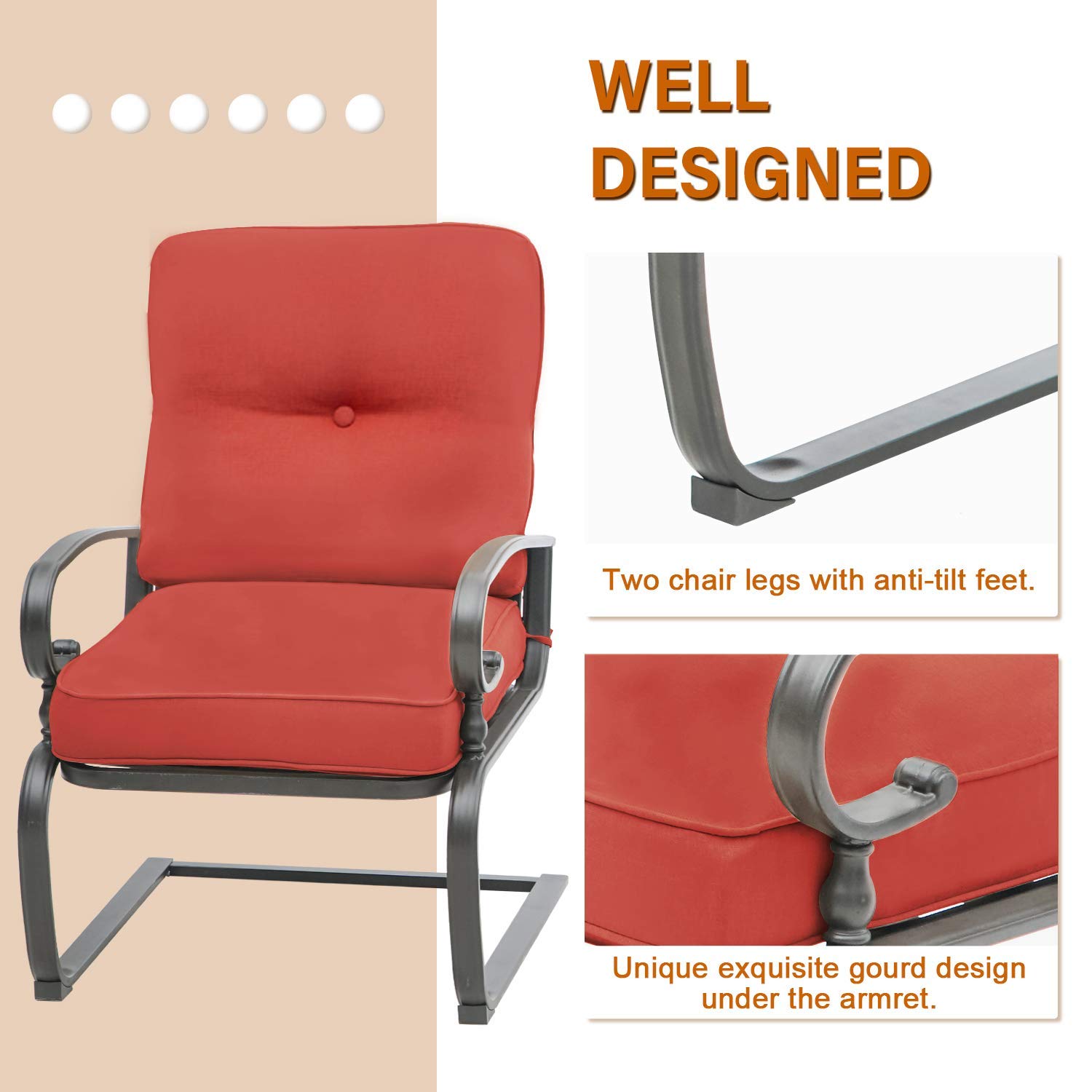 SOLAURA 3-Piece Outdoor Patio Furniture Set - Iron Frame Bistro Chairs with Cushions & Side Coffee Table - Red - Perfect for Garden, Backyard, and Poolside Relaxation