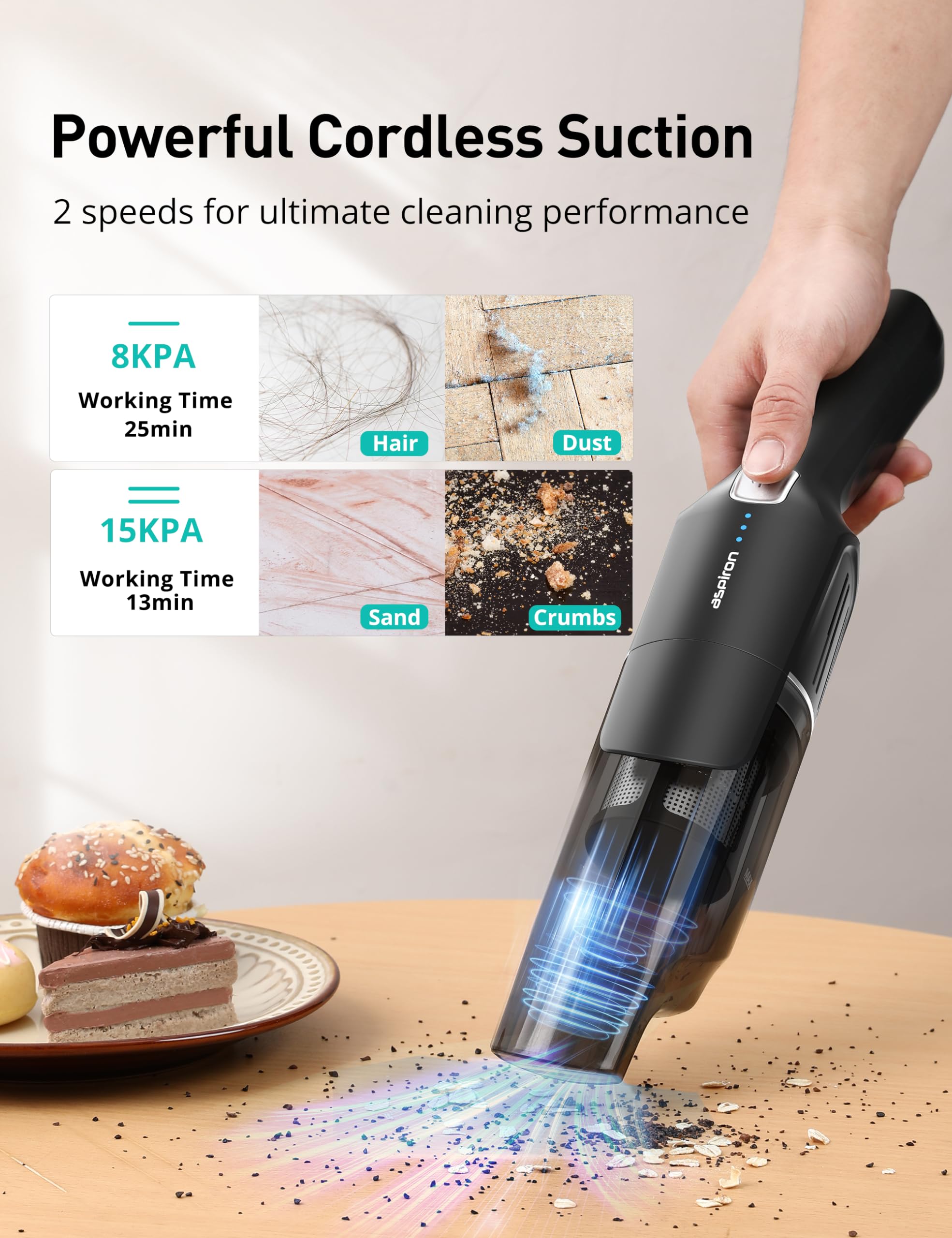 **Aspiron 15KPA Cordless Handheld Vacuum Cleaner - Rechargeable Car & Home Vacuum with Charging Dock, Ergonomic Handle, 2-in-1 Crevice Tool, 2-Speed Settings - Lightweight 1.8lb Portable Vacuum for Pet Hair, Car Seats & Stairs (Black)**