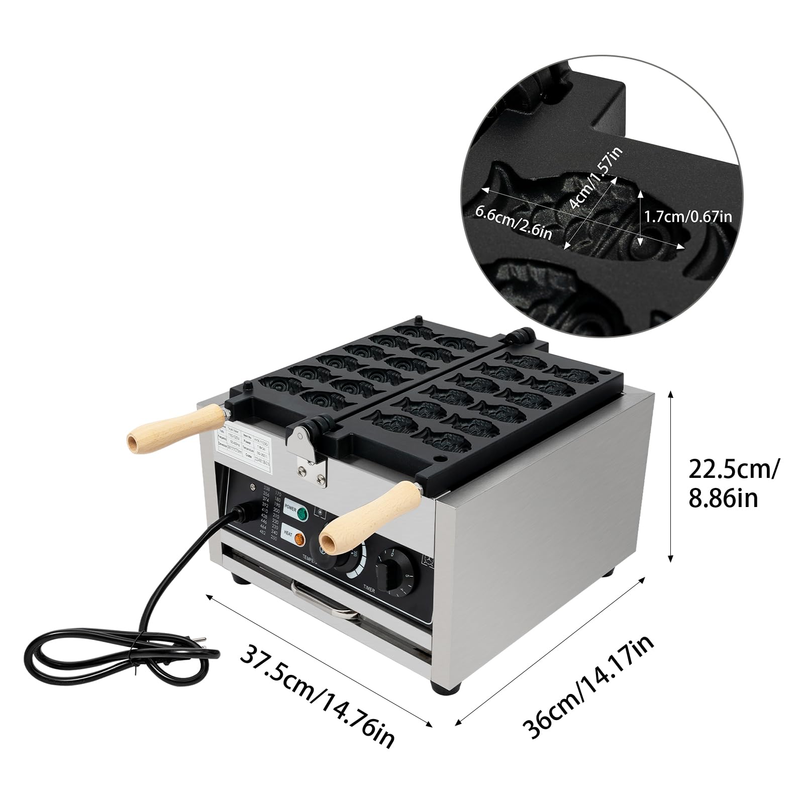 Electric Taiyaki Waffle Maker 1800W - Non-Stick Fish Shaped Waffle Iron with Adjustable Temperature (122-572°F) & 12 Cavities - Perfect for Restaurants, Cafes, Snack Shops, and Home Breakfast - Make Delicious Japanese Fish-Shaped Pancakes and Waffles