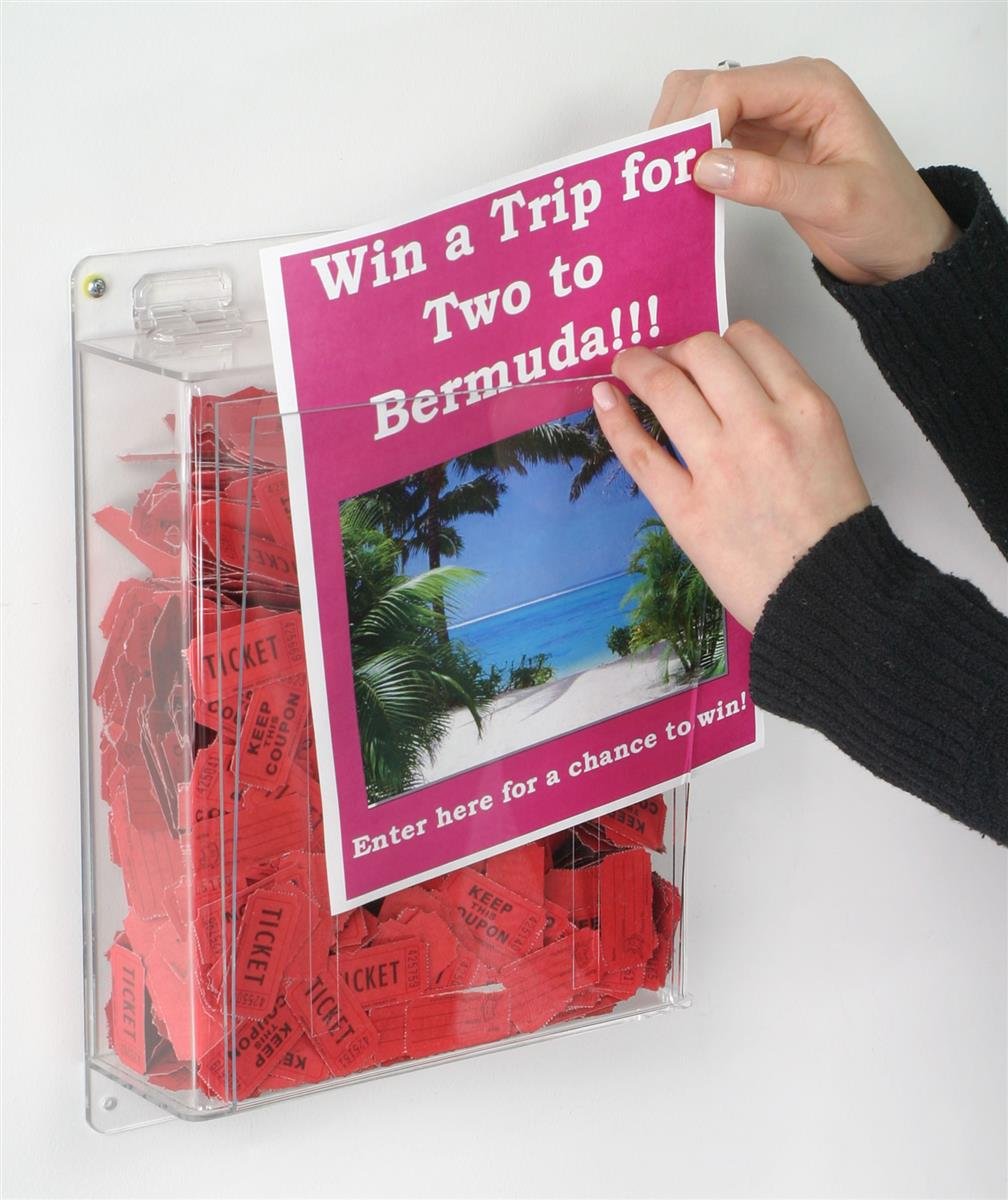 Displays2go Clear Locking Donation Box with Wall Mount & Sign Holder - Secure ICCBSBOX for Churches, Schools & Fundraising Events
