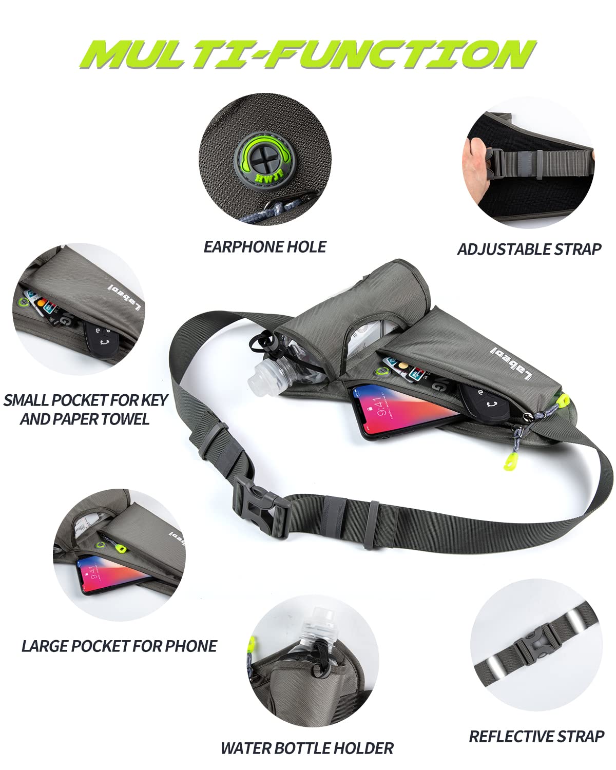 Labeol Adjustable Running Belt with Water Bottles - 2 Zipper Pockets Hydration Waist Pack for Men & Women - Lightweight Fanny Pack for Hiking, Climbing, Jogging & Outdoor Activities (Gray)
