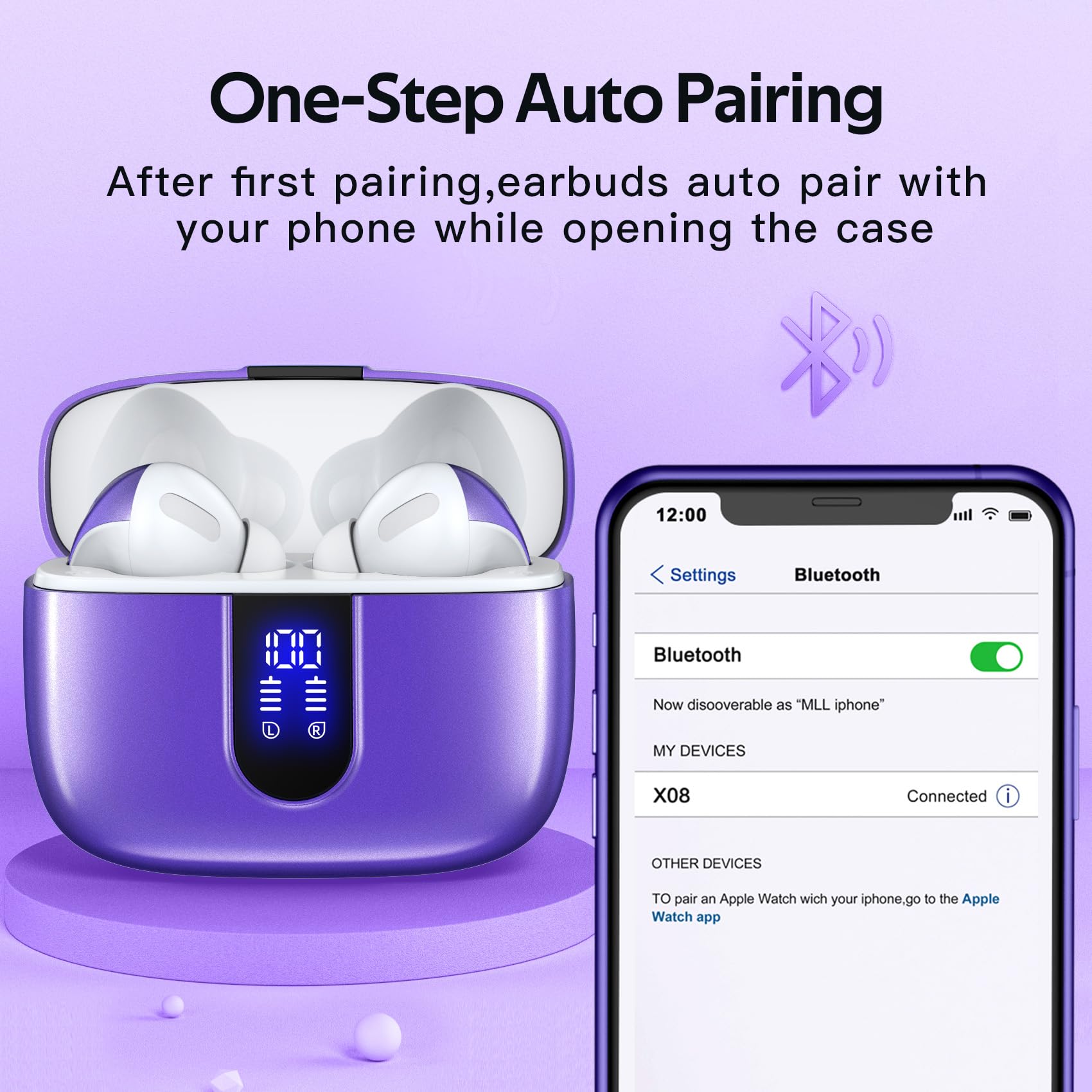 TAGRY 2 Pairs True Wireless Bluetooth Earbuds - X08 Ocean Blue & Phantom Purple, 60H Playtime, Wireless Charging Case, Built-in Mic, IPX5 Waterproof - Perfect for Gym, Running, Workouts & Commuting