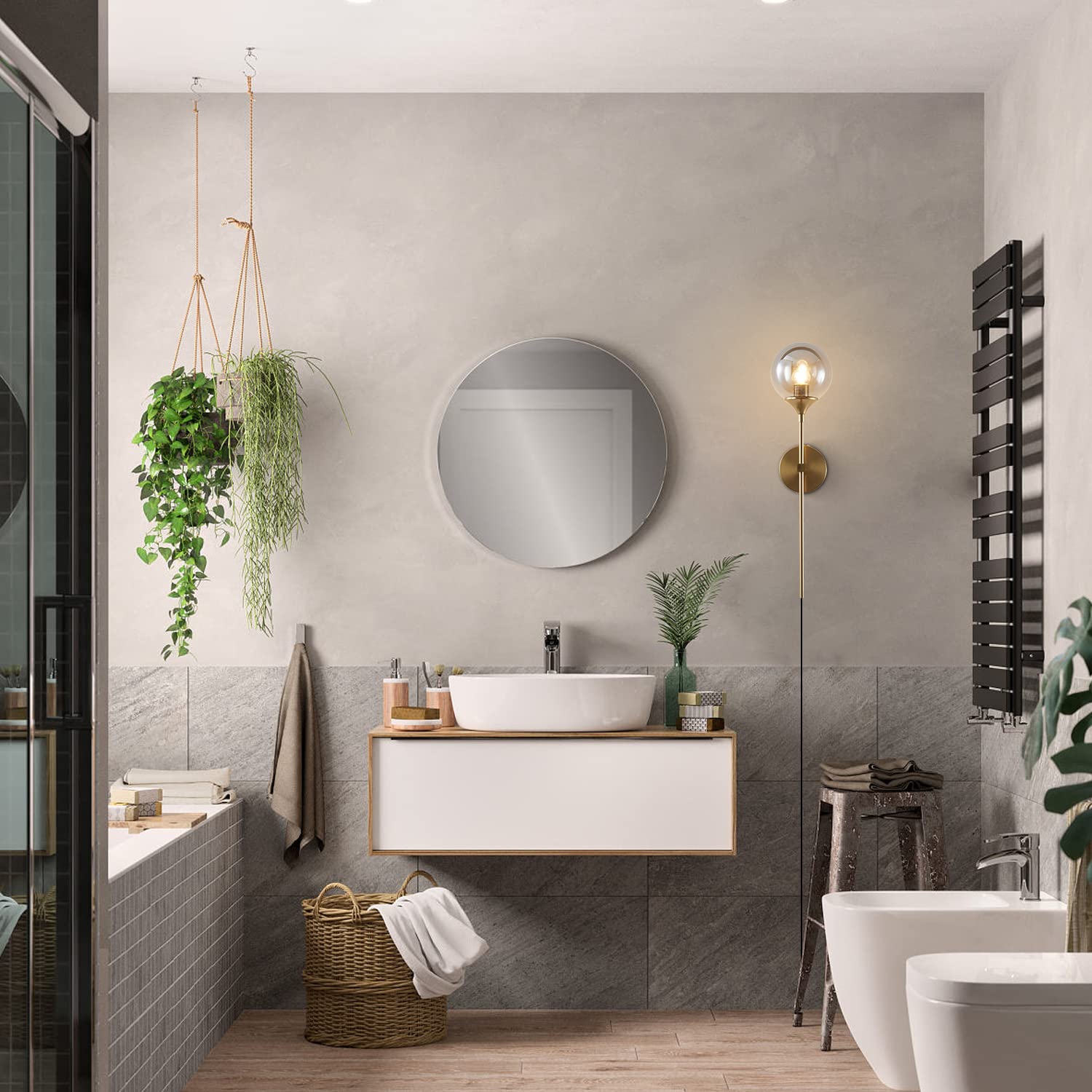 Modern Plug-in Wall Sconces Set of 2 - Smoke Gray Glass Globe Mid-Century Industrial Gold Wall Lights with On/Off Switch & Long Arm - Perfect for Bedroom, Stairway, Hallway & Living Room Lighting