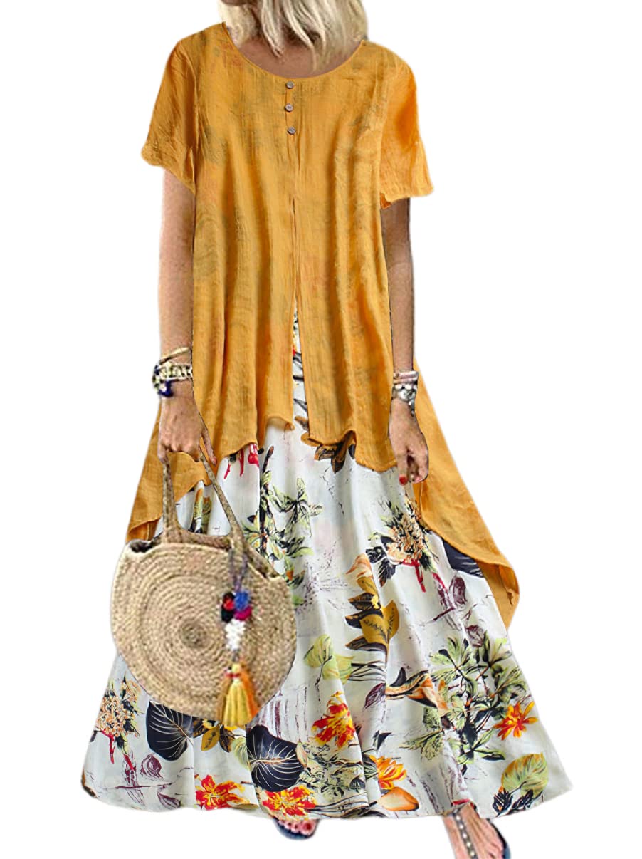 TIAFORD Women's Floral Print Cotton Linen Maxi Dress with Pockets - Casual Loose Long Dress Crew Neck Fake Two Piece Design | Perfect for Summer Outings, Beach Vacations & Boho Style Fashion