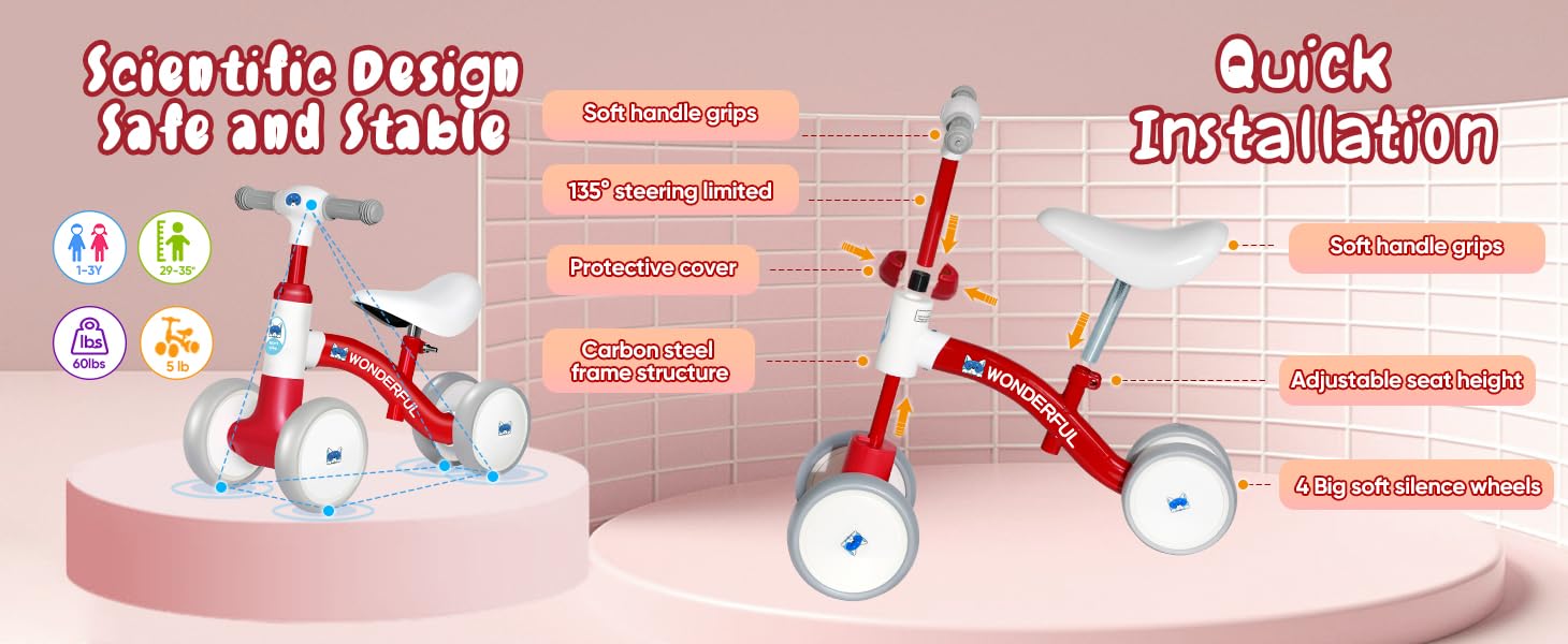 **Bakeling 4-Wheel Balance Bike for Toddlers 2+ Years Old - Kids Training Bike with Adjustable Seat - Perfect for Indoor & Outdoor Learning & Play**