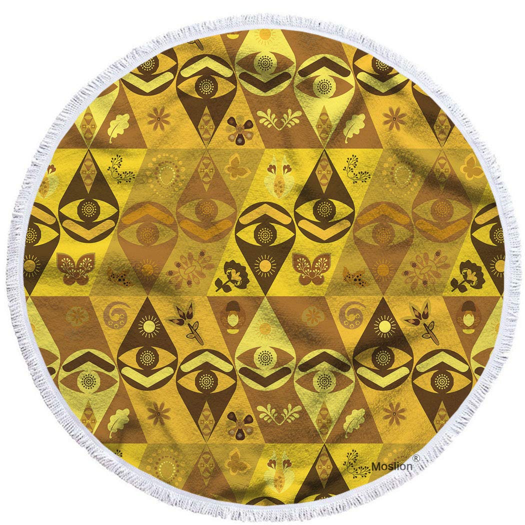 **Moslion Oversized 63 Inch Beach Towel - African Golden Yellow Brown Geometric Floral Leaves Design, Soft Microfiber Polyester, Quick-Dry & Sand-Resistant - Perfect for Beach, Pool, Picnic, Yoga, and Travel**