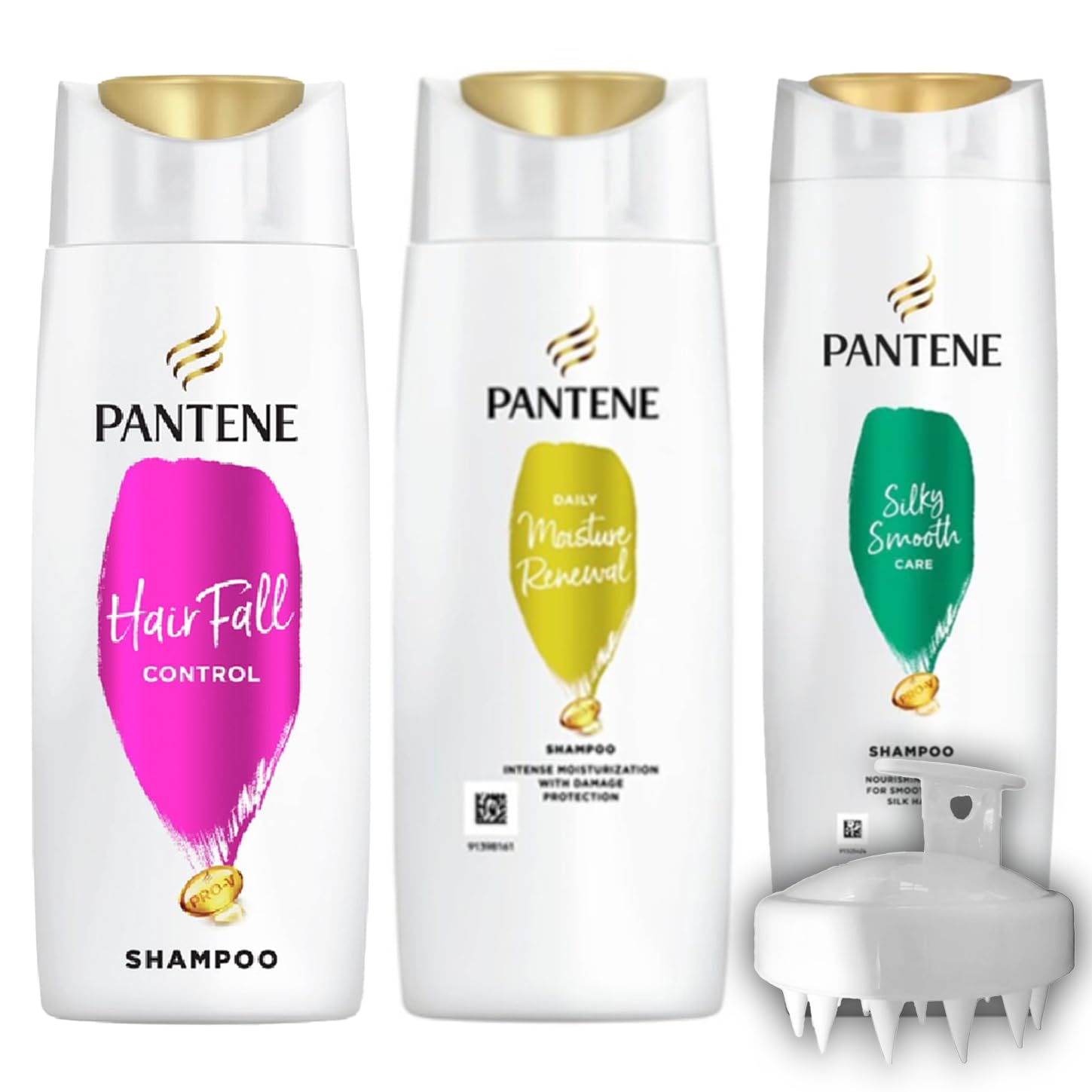 Pantenee Travel Size Shampoo 2.3 oz (3-Pack) with Scalp Brush - Daily Moisture, Silky Smooth & Hair Fall Control - Perfect for Travel, Gym & On-The-Go Hair Care