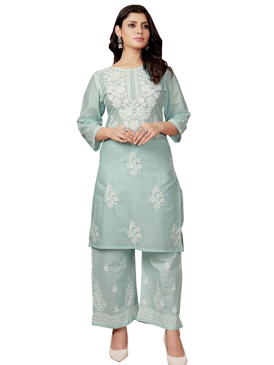 Blue Designer Ready-Made Cotton Pant Suit with Chikankari Embroidery - Elegant Women's Formal Wear for Office, Parties & Special Occasions