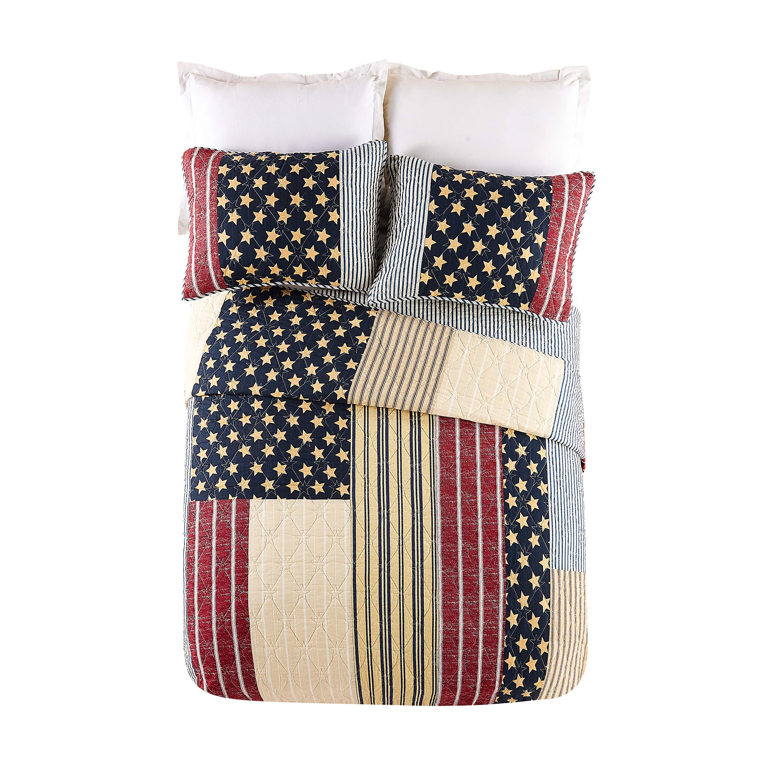 Americana King Size Quilt Set with 2 Shams - Reversible 3-Piece Lightweight Coverlet in Red & Blue - All Seasons Bedding for Rustic Farmhouse, Lodge, or Cabin Decor