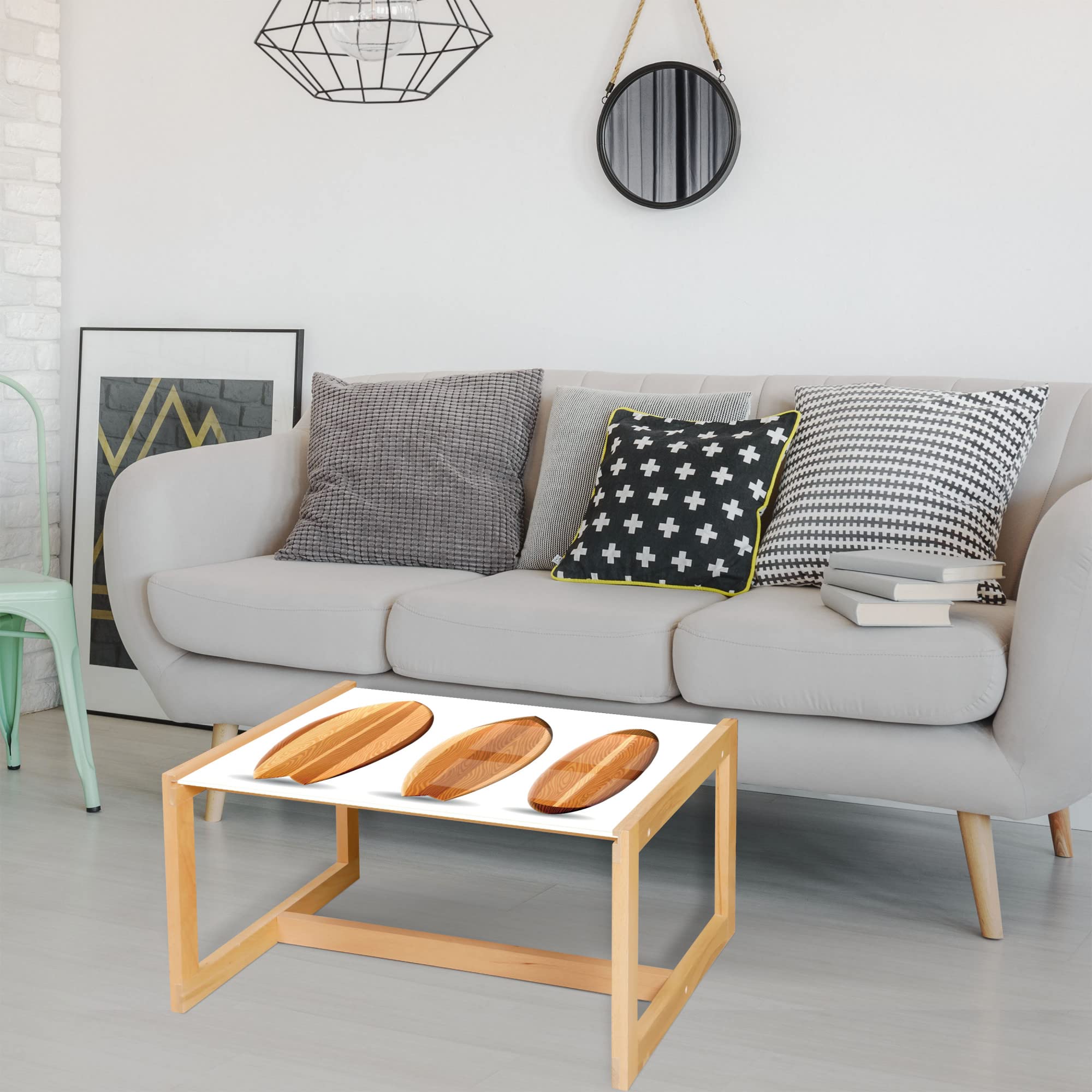Ambesonne Surfboard Coffee Table - Wooden Frame Acrylic Glass Center Table with Ocean & Water Sports Design, White Amber & Pale Brown - Perfect for Offices, Dorms & Beach House Decor