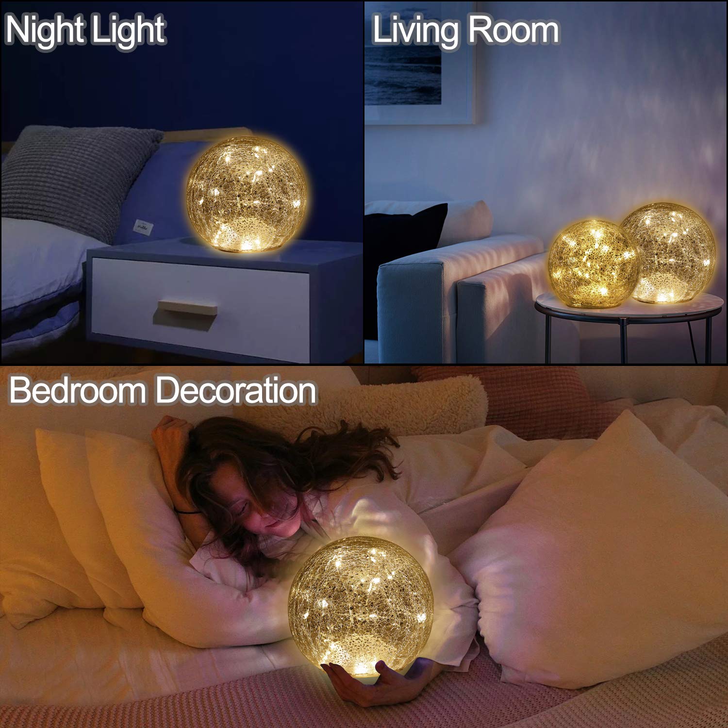Mercury Crackle LED Glass Globe Ball Lamp - Battery Operated Night Light for Girls, Birthday, Halloween & Christmas Decor - Warm White Decorative Gift for Home, Bedroom, Nursery & Party Decorations