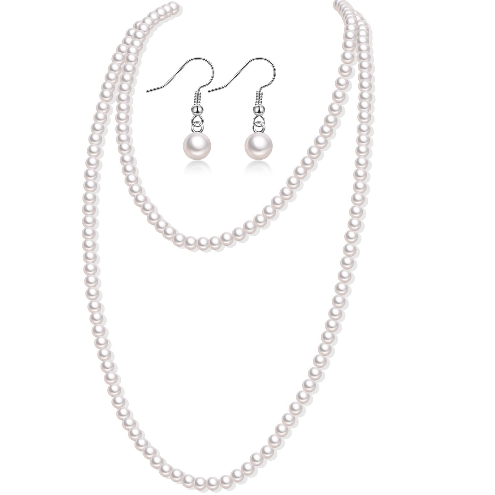 1920s Style White Faux Pearl Necklace and Earring Set - Vintage Beaded Jewelry for Women, Girls, Brides, Weddings, Prom, Costume Parties & Special Occasions