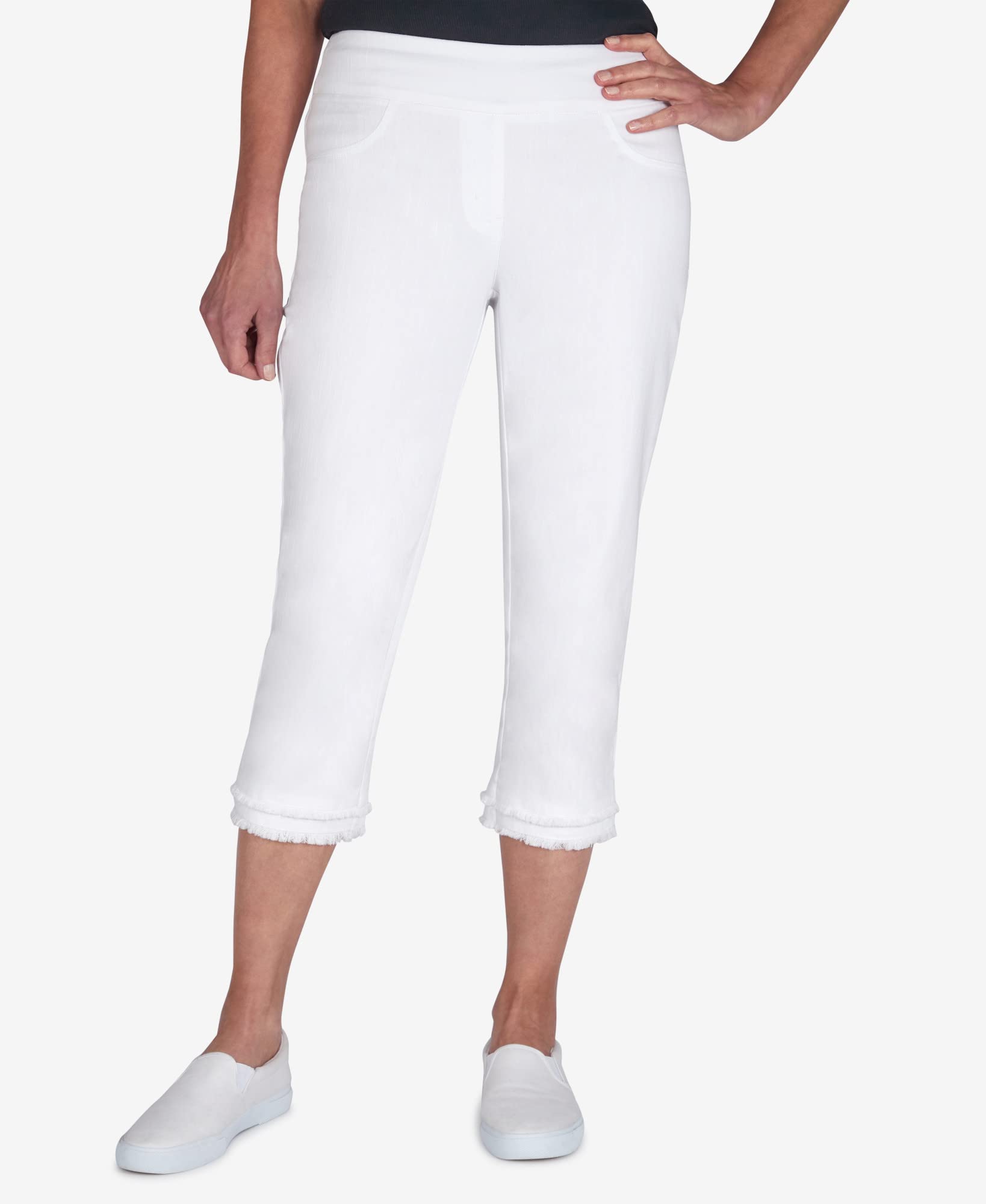 Ruby Rd. Women's Soft Stretch Flared Hem White Denim Capri Pants - Comfortable Summer Casual Wear for Beach, Shopping & Outdoor Activities