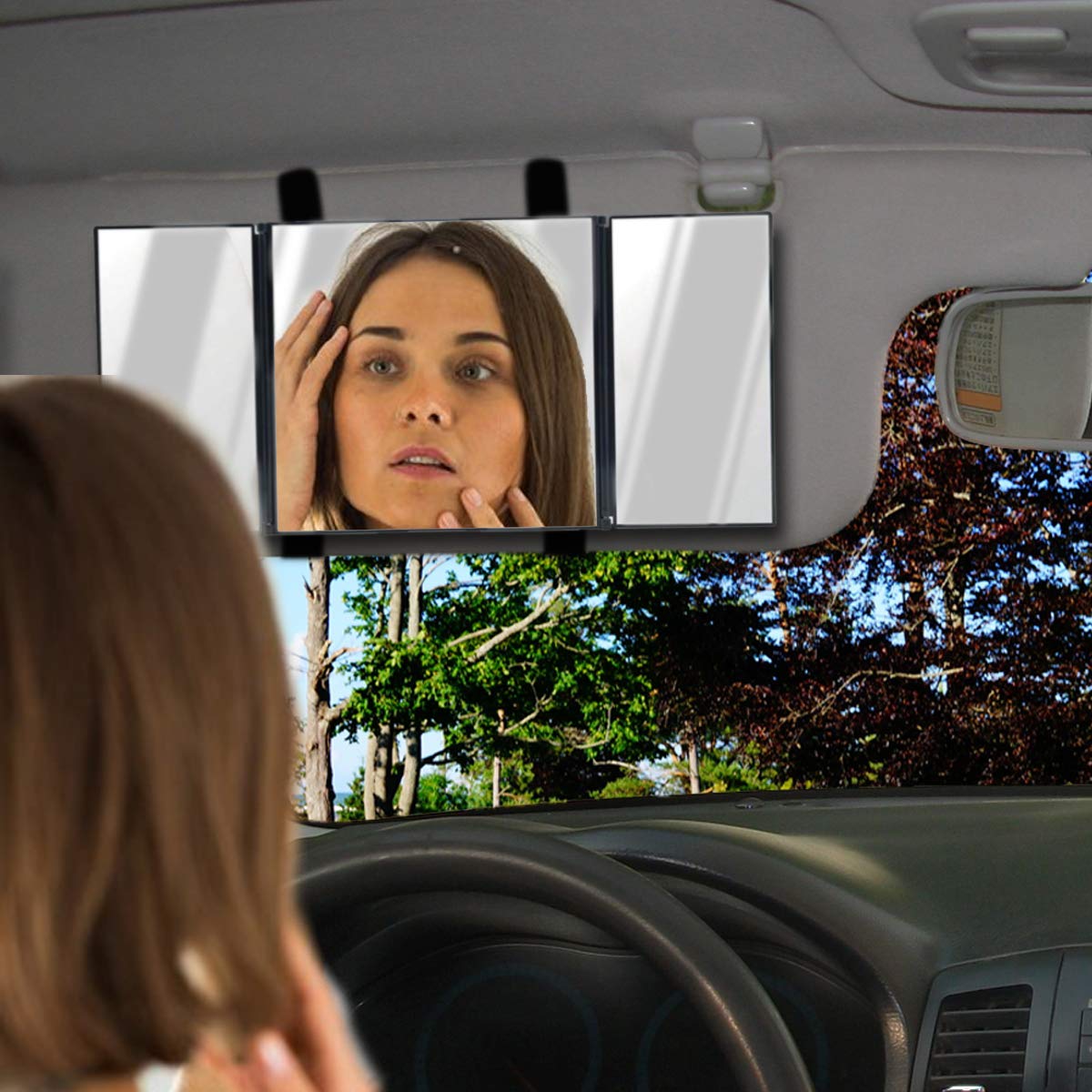 VaygWay Tri-Fold Car Visor Mirror - Universal Clip-On Vanity Mirror for Cars, Trucks & SUVs - Travel Makeup Cosmetic Mirror with Wide View - Perfect for On-the-Go Touchups and Rear Visibility