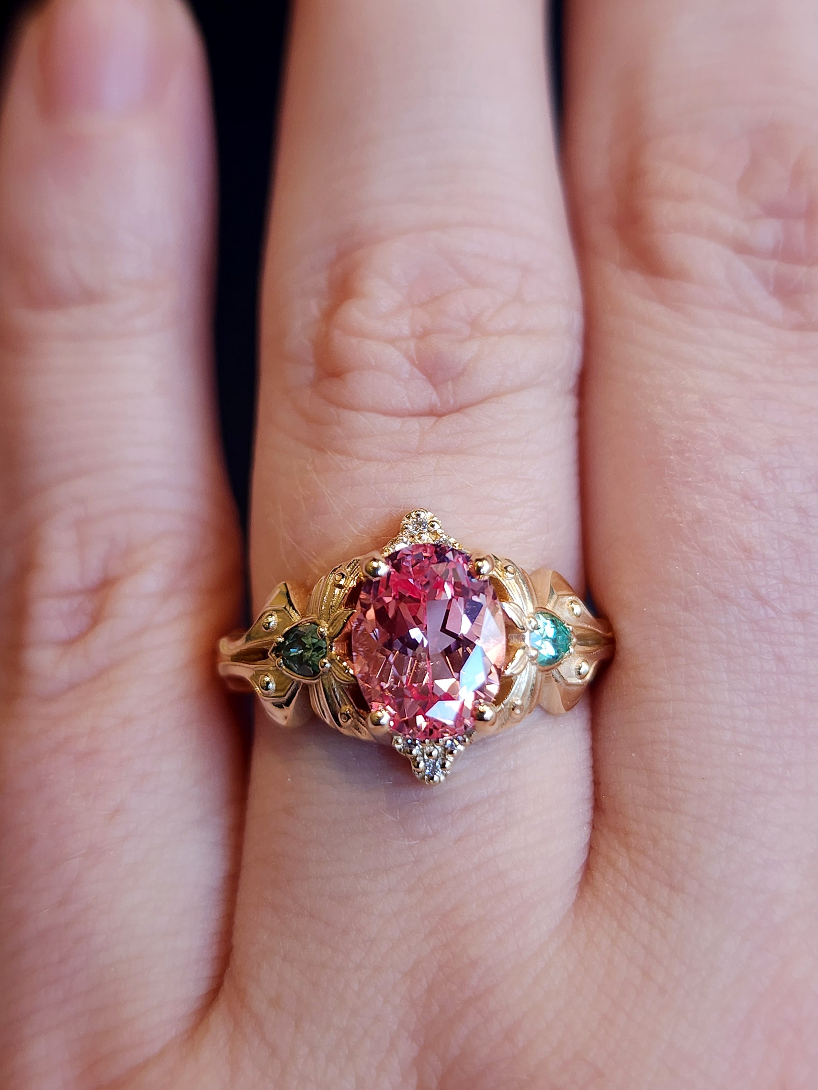 Luna Moth Engagement Ring - 14k Gold Oval Chatham Pink Champagne Sapphire & Chrysoberyl Pear Accents with Diamonds | Nature Inspired Jewelry for Weddings, Proposals & Anniversary Gifts