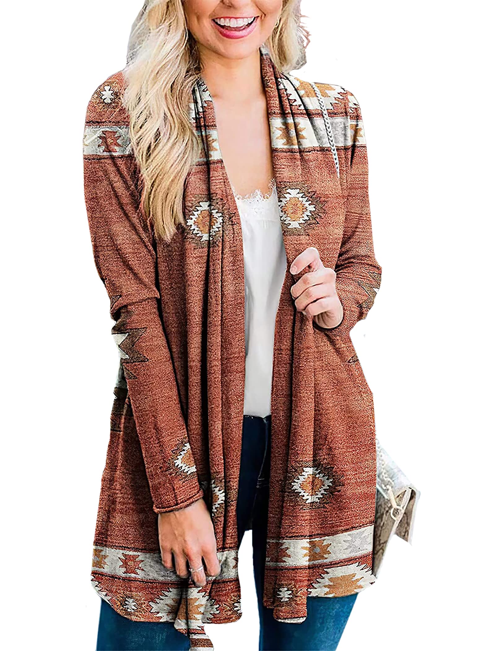 Women's Aztec Print Long Cardigan - Western Ethnic Style Retro Open Front Loose Fit Long Sleeve Casual Cover-Up | Perfect for Fall Layering, Boho Outfits & Cozy Home Wear