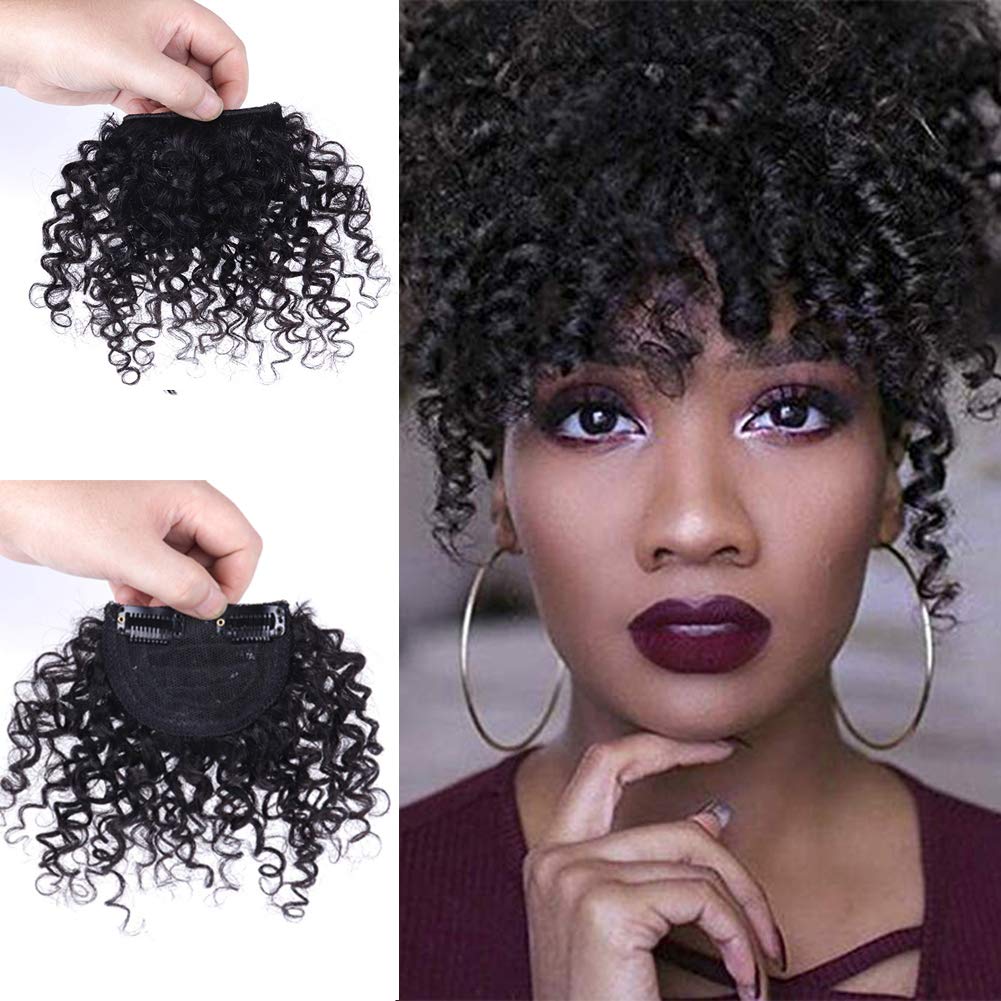 Afro Kinky Curly Clip-In Bangs | Human Hair Extensions | Natural Black Short Jerry Curly Fringe | Hairpieces for Women | Perfect for Cosplay, Daily Styling & Volume Boost