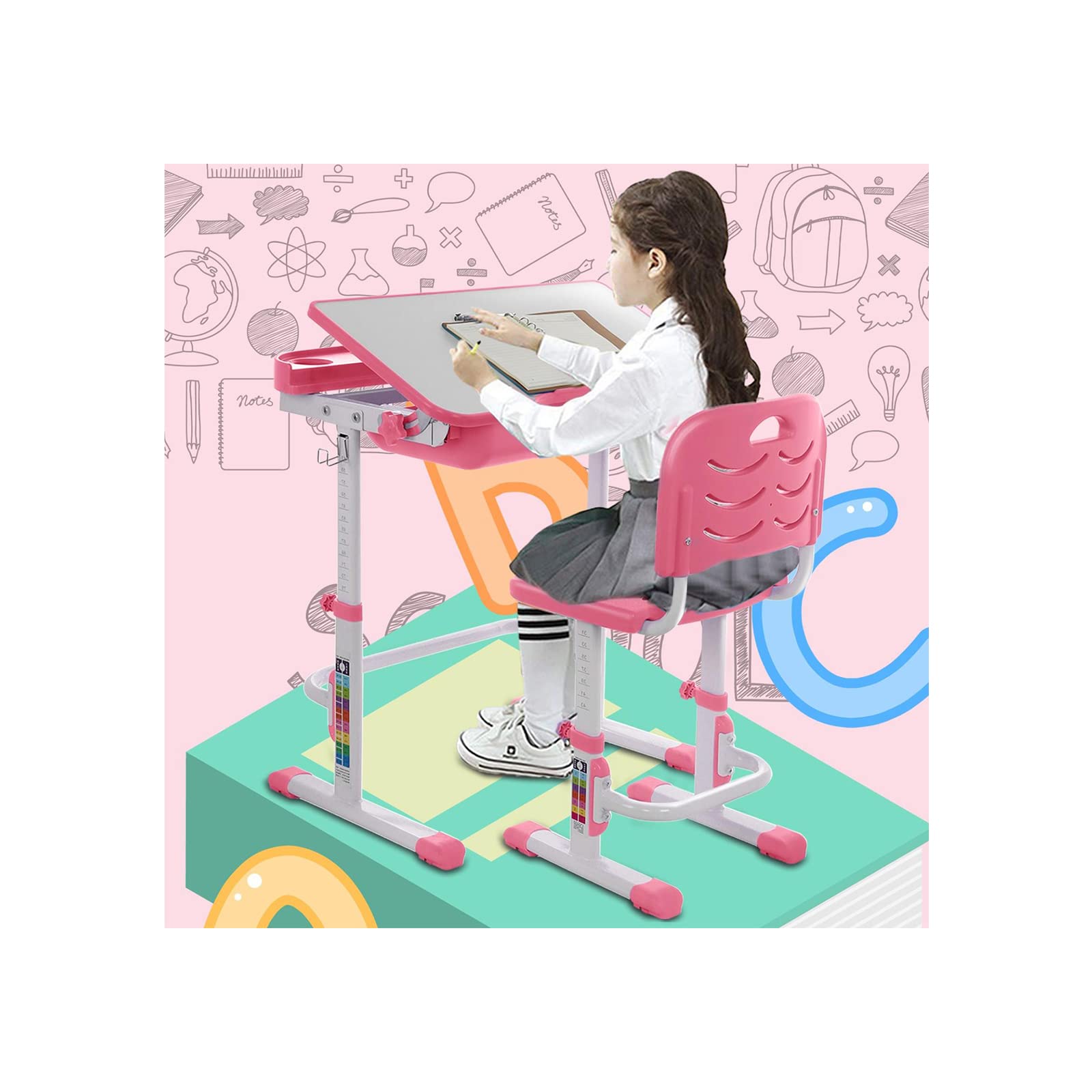**Kids Desk and Chair Set for Ages 5-13 – Adjustable Tilt Desktop, Storage Drawer – Study & Learning Writing Desk for Bedroom or Living Room – Easy Assembly – Perfect for Homework, Drawing & Online Classes**