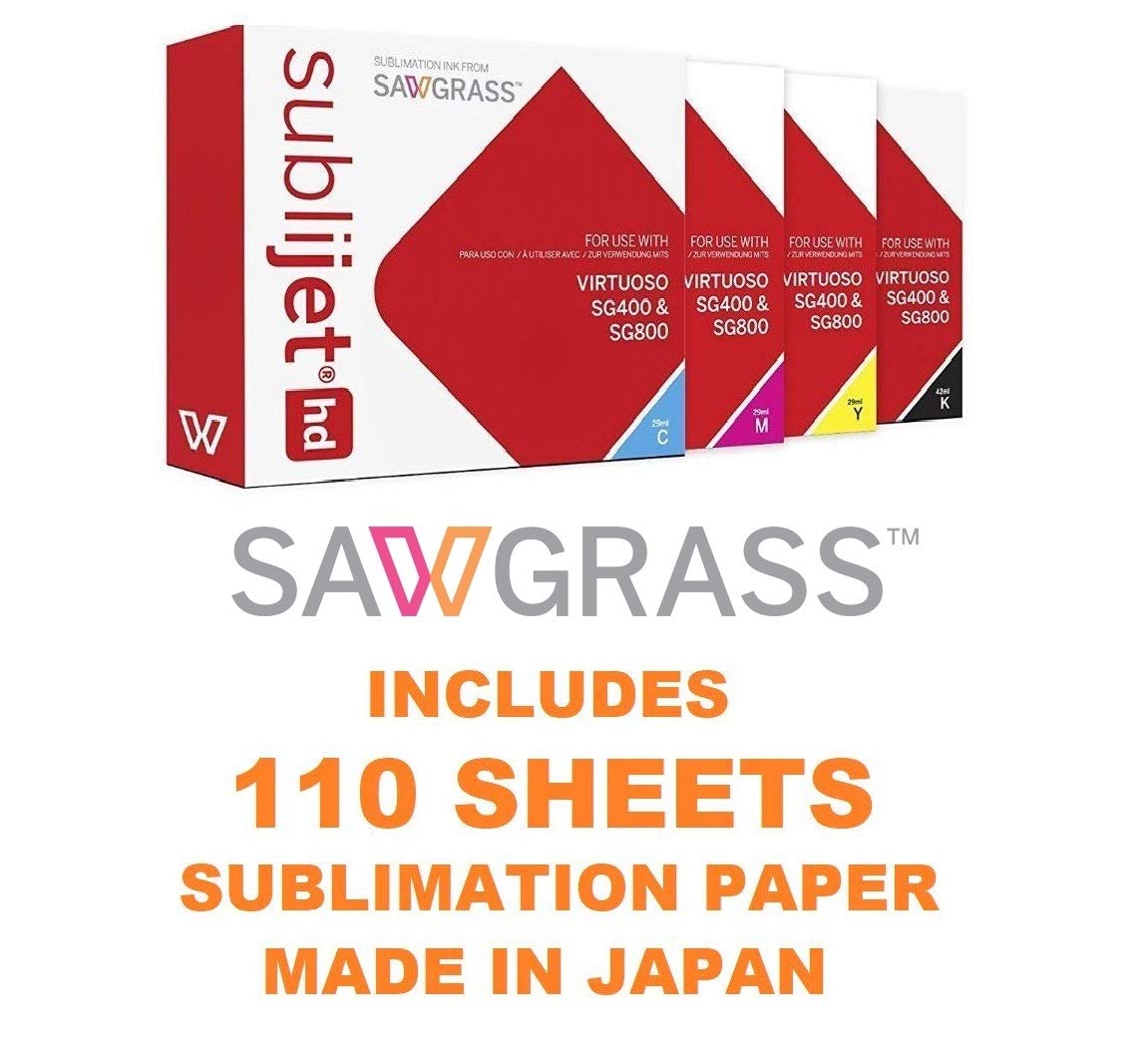Sawgrass SUBLIJET HD Sublimation Ink Cartridges for Virtuoso SG400 & SG800 Printers - 4 Color Bundle (Cyan, Yellow, Magenta, Black) with SUBLIMAX High-Quality Sublimation Paper - Perfect for T-Shirt Printing, Mugs, Phone Cases & Custom Gifts