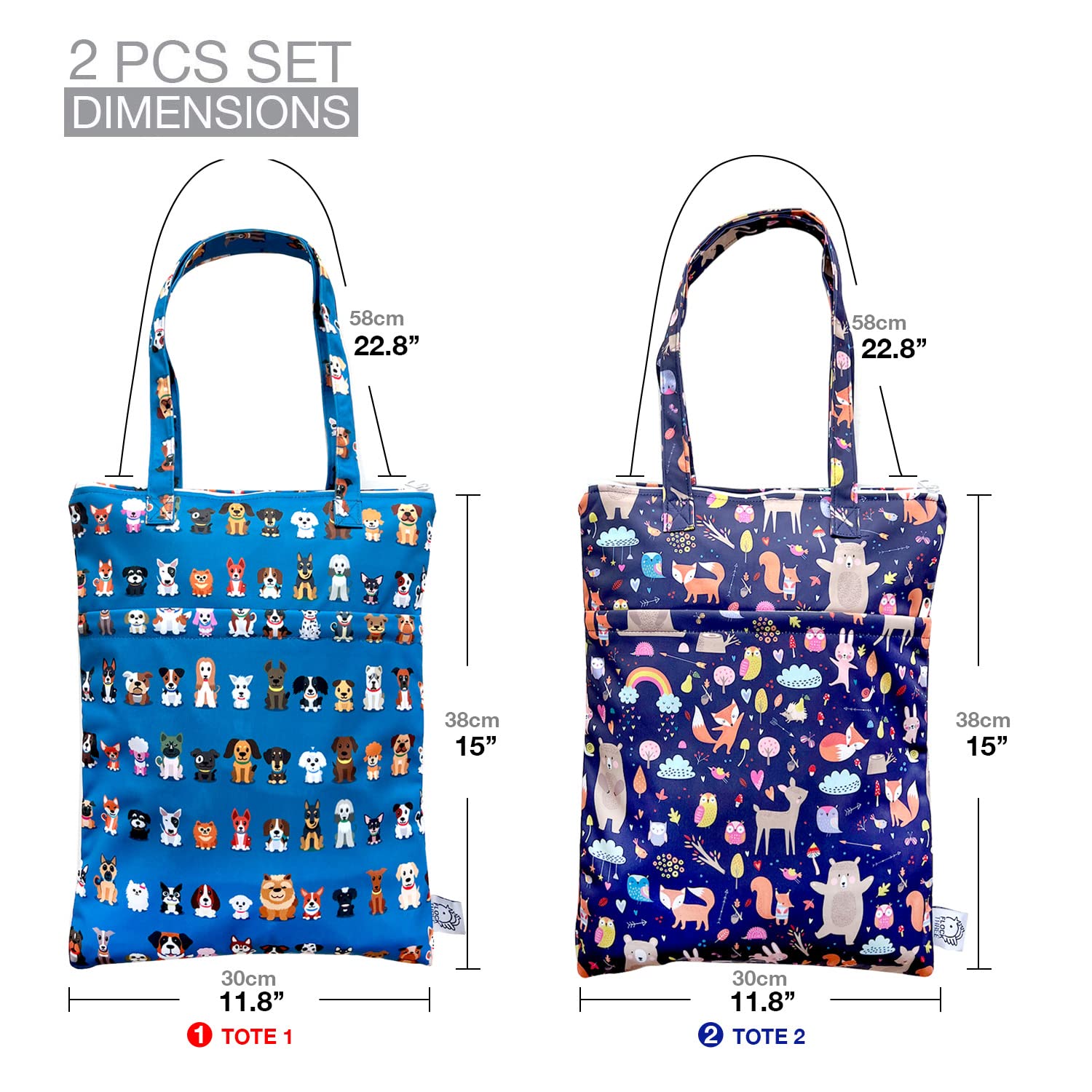 FLOCK THREE 2-Pack Waterproof Wet Dry Bag - Reusable Tote for Baby Diapers, Swimsuits & Travel - Small & Large Sizes for Clothes, Electronics & Toiletries - Cute Animal Prints (Perfect for Beach, Pool, Gym & Daycare)