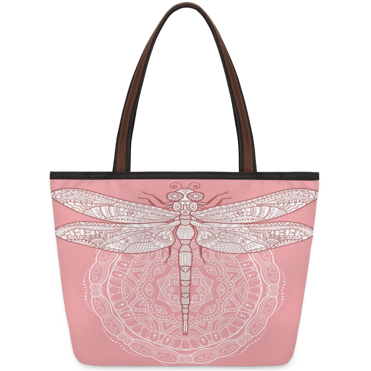 Floral Mandala Dragonfly Tote Bag for Women - Large Reusable Zipper Shoulder Handbag, Casual Beach Bag, Work Tote & Everyday Purse