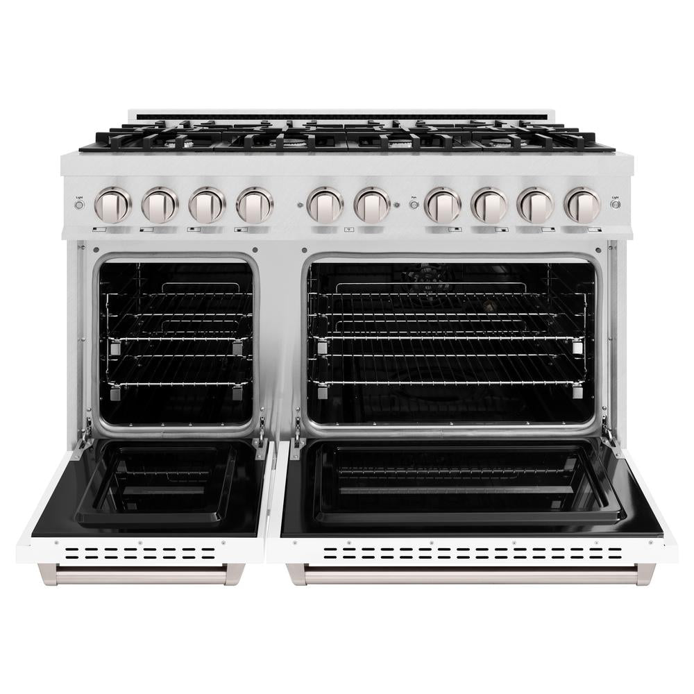 ZLINE 48-Inch 6.7 cu. ft. Dual Fuel Range with 8-Burner Gas Cooktop - Satin Stainless Steel & White Matte Doors (CDRS WM 48) - Perfect for Large Kitchens & Professional Cooking
