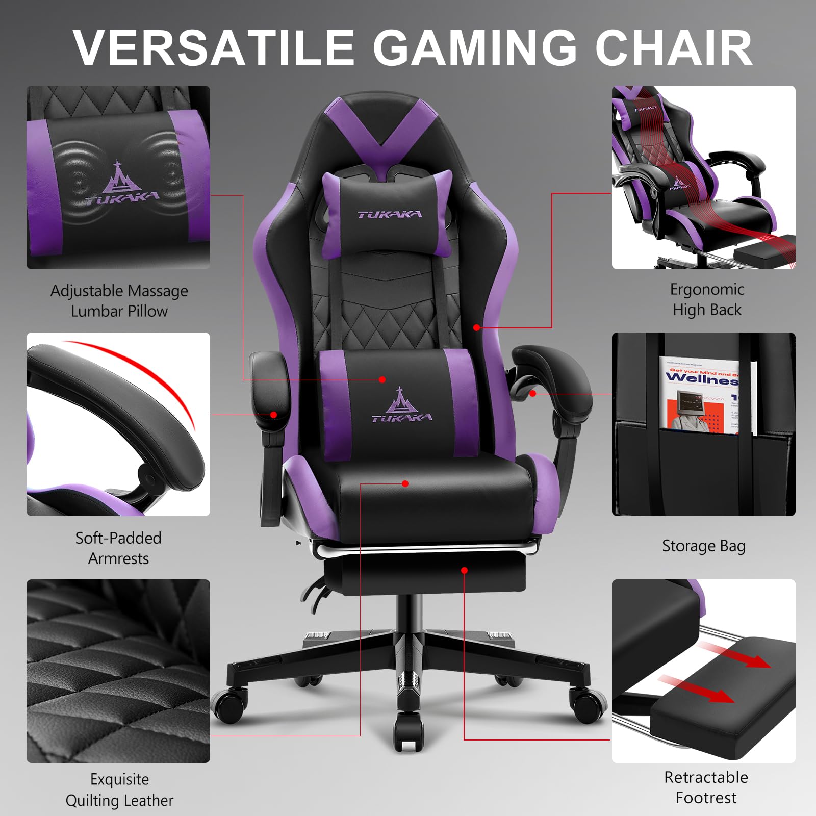 Premium Ergonomic Gaming Chair with Massage & Footrest - Adjustable Reclining Office Desk Chair with Lumbar Support & Headrest - Purple Gamer Chair for PC, Console & Home Theater Use