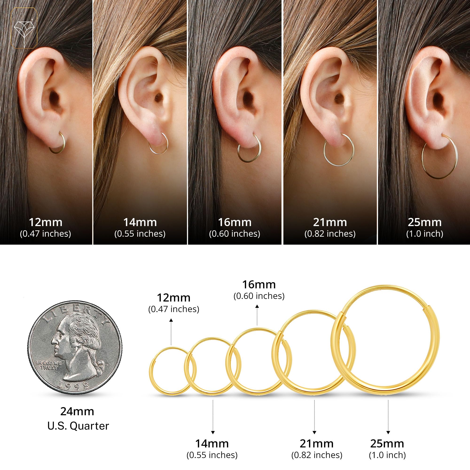 14k Solid Gold Hoop Earrings for Women - 1mm Thin Tube Yellow Gold Continuous Hoop Earrings | Real 14k Gold Jewelry | Perfect for Everyday Wear, Date Nights & Special Occasions