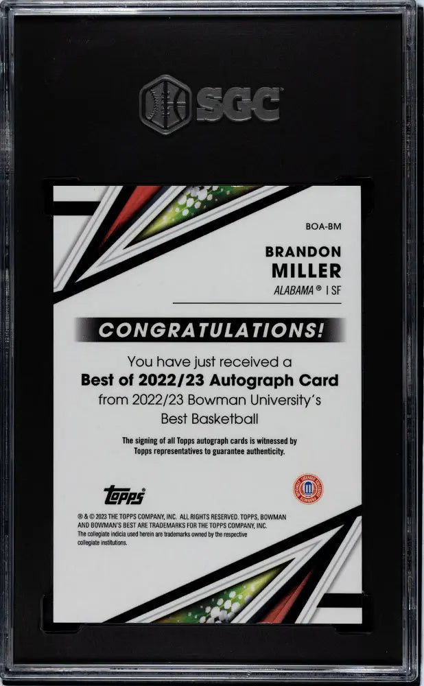 2022-23 Bowman University Best Auto Brandon Miller SGC 10 #BOA BM Rookie Card - Perfect for Sports Collectors and Basketball Fans - Display in Home Office, Man Cave, or Sports Memorabilia Collection