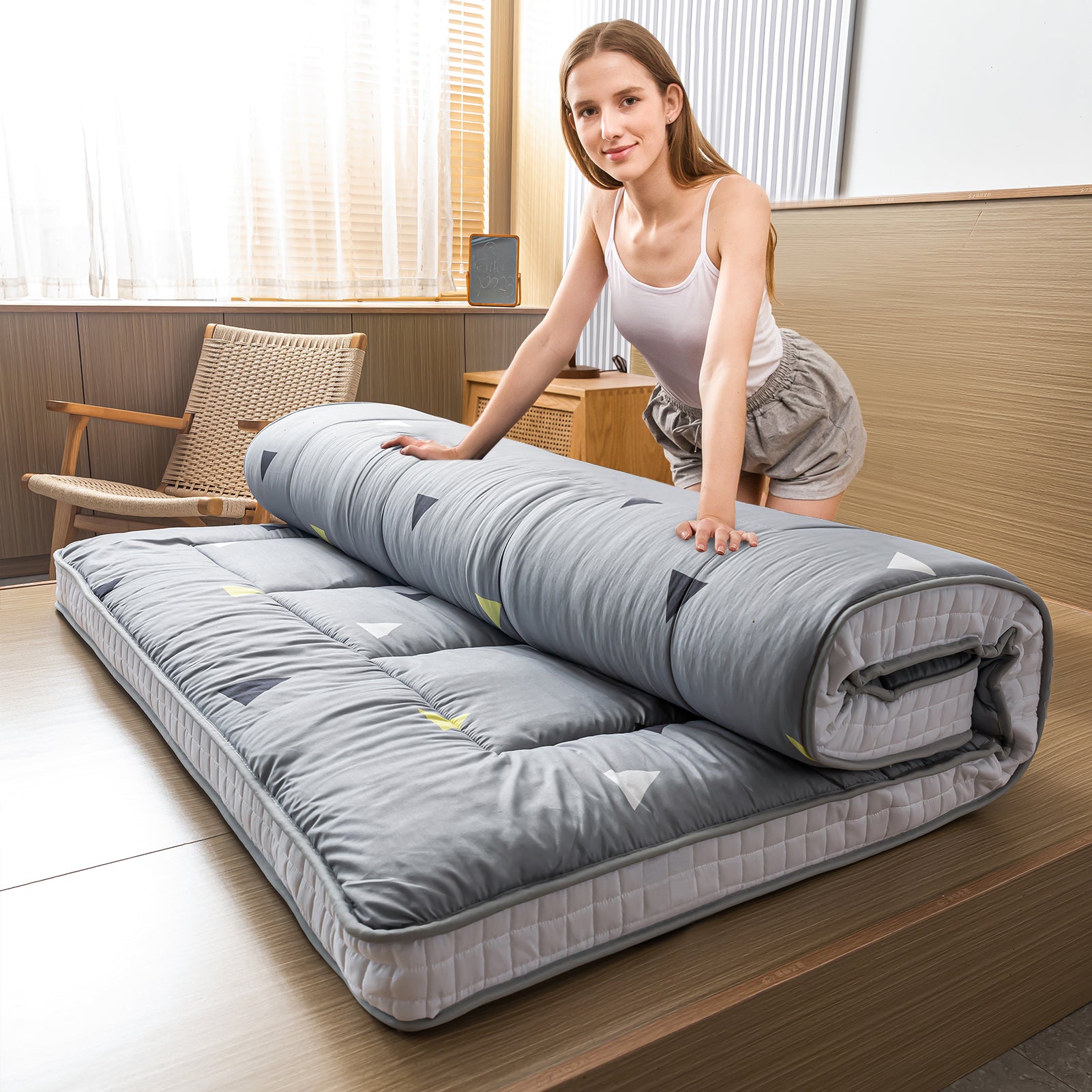 MAXYOYO Extra Thick Japanese Floor Mattress - Grey Triangle Futon Mattress for Adults, Foldable Sleeping Pad for Guest Bed, Camping & Home Use