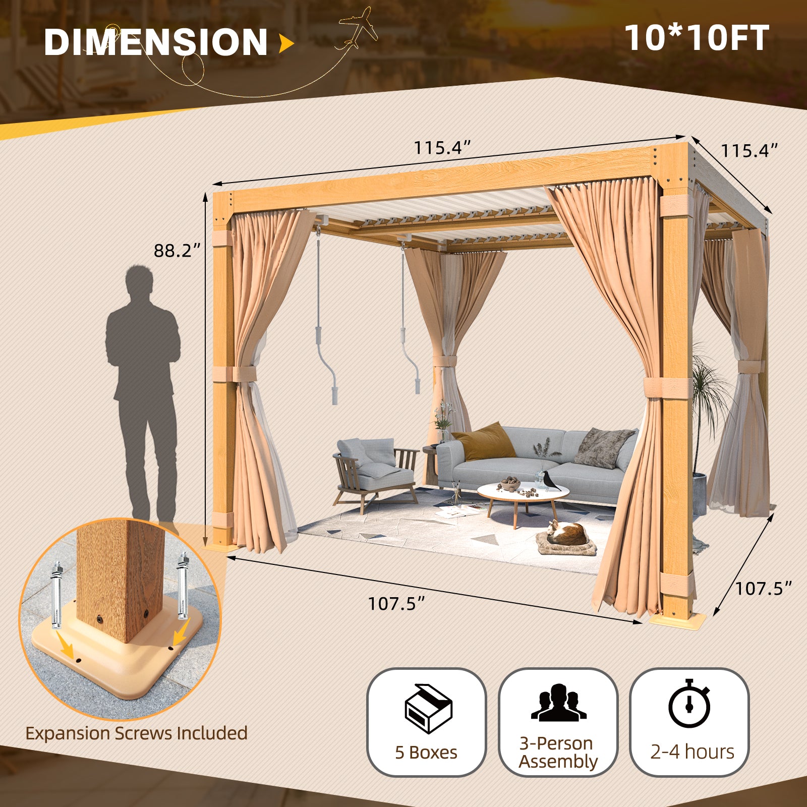EROMMY 10x10 Pergola with Adjustable Louvered Roof - Wood Grain Finish - Perfect for Patio, Backyard & Outdoor Living Spaces