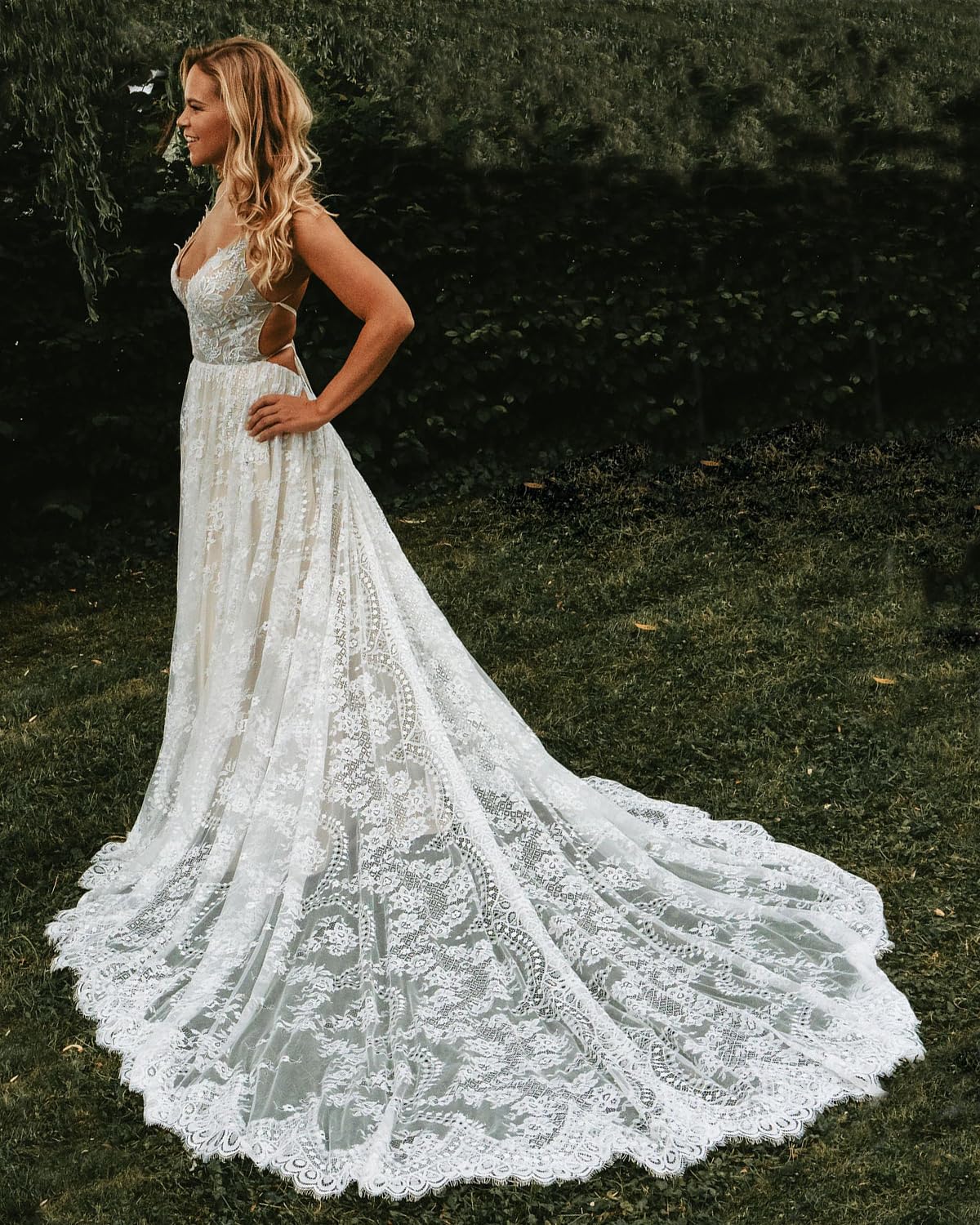 Boho Lace Wedding Dress for Bride - Long Beach Bridal Gown with Spaghetti Straps, V-Neck & Train | Perfect for Beach Weddings, Outdoor Ceremonies & Boho Chic Bridal Looks