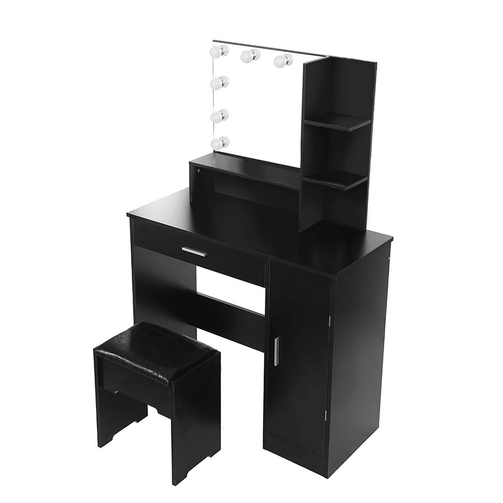 Mini Wooden Vanity Set with LED Lighted Mirror & Cushioned Stool - Dressing Table Makeup Desk with Storage Drawers, Bedroom Nightstand for Women Girls (Perfect for Small Spaces, Makeup Organization & Bedroom Decor)