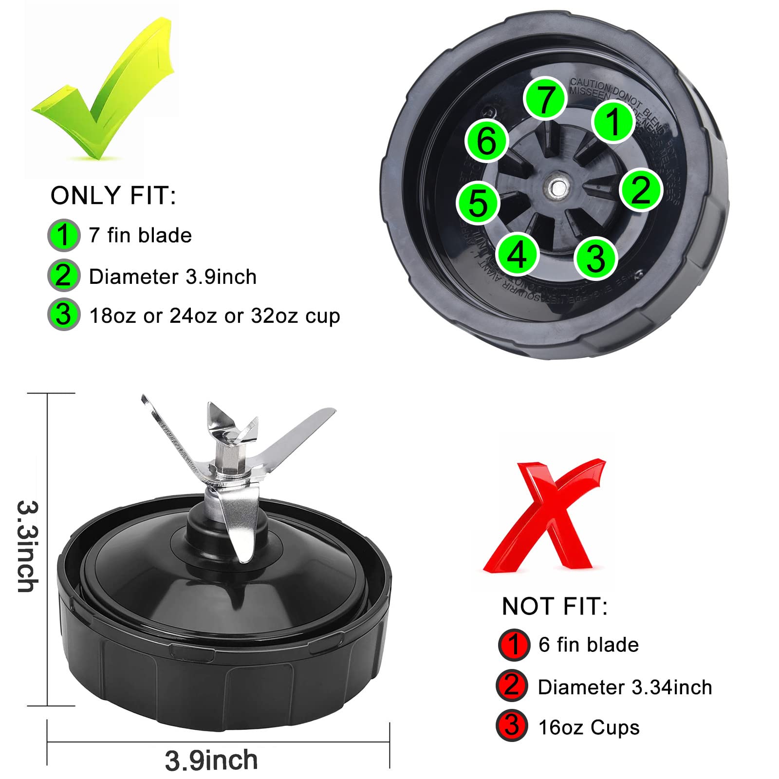 7 Fins Blender Blade Replacement Compatible with Ninja Auto iQ BL682-30 BL642-30 BL450-30 BL482-30 BL687CO-30 - High Performance Blender Accessories for Smoothies, Juices & Food Prep