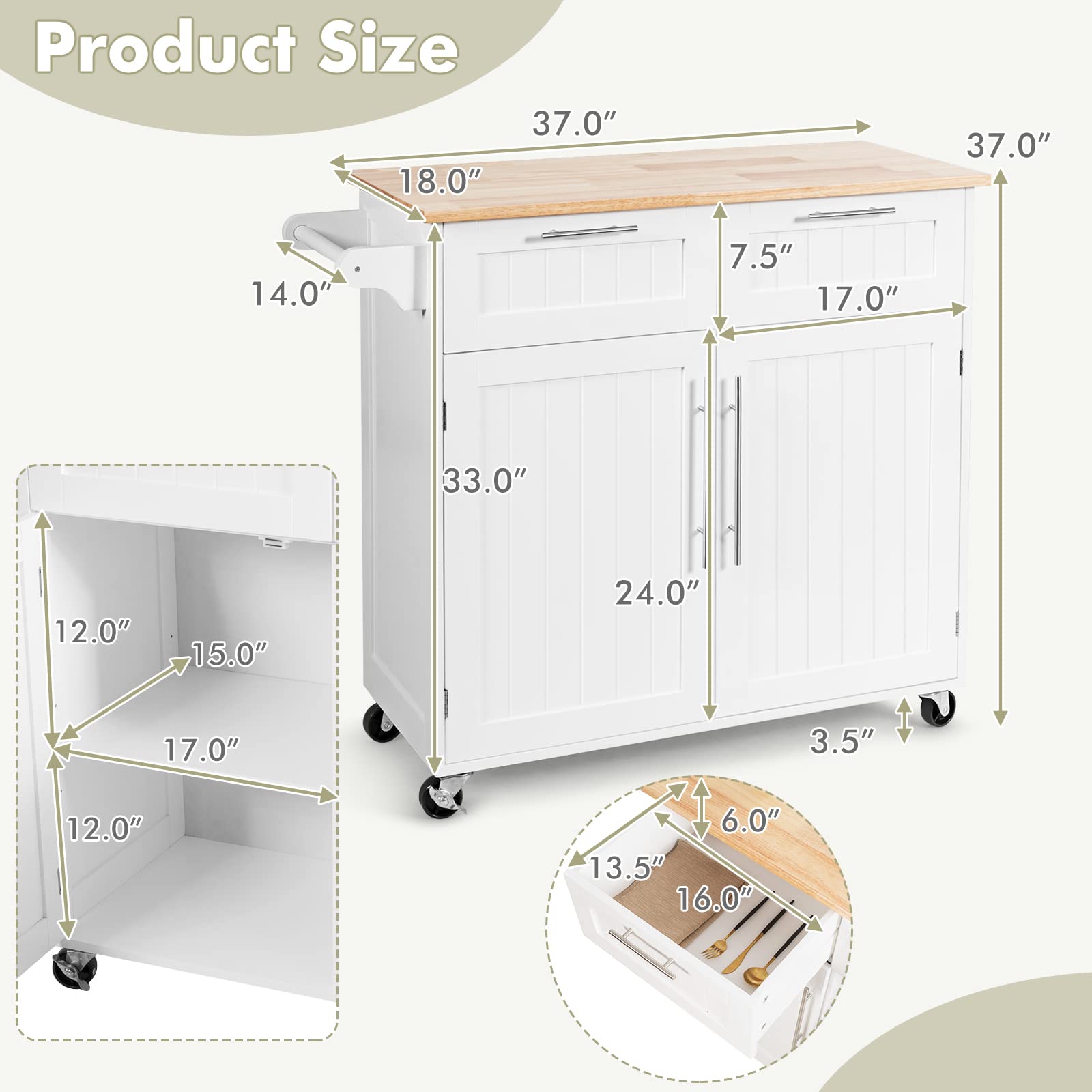 COSTWAY Mobile Kitchen Island Cart with 2 Drawers, 2 Door Cabinet & Towel Bar - Rolling Storage Trolley with Rubber Wood Top & Lockable Casters (White) - Perfect for Small Kitchens, Apartments & Food Prep Stations