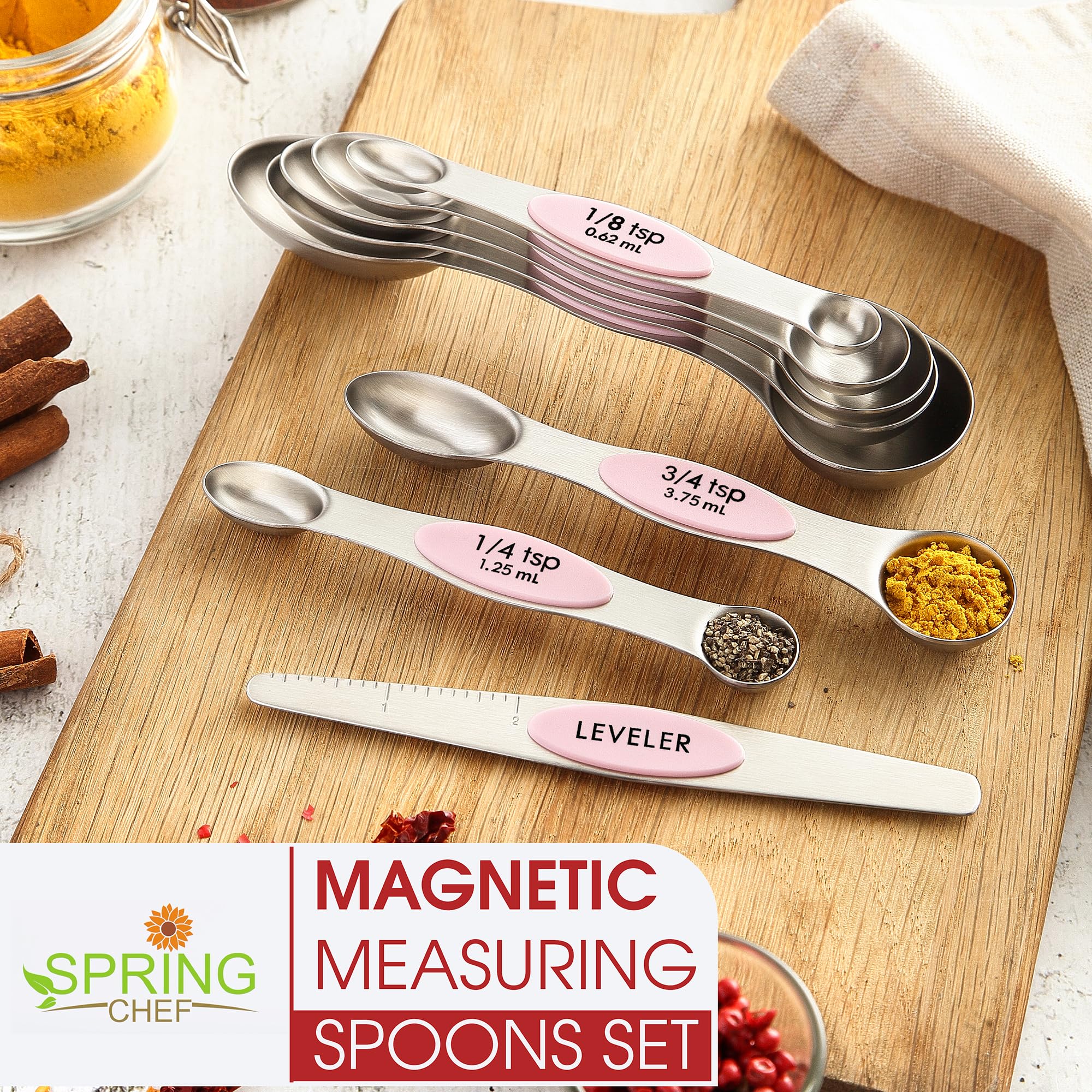 Spring Chef 8-Piece Stainless Steel Magnetic Measuring Spoons Set - Dual Sided Teaspoon & Tablespoon with Leveler, Strong Magnets - Perfect for Baking, Cooking & Meal Prep - Pink Lemonade Kitchen Gadgets
