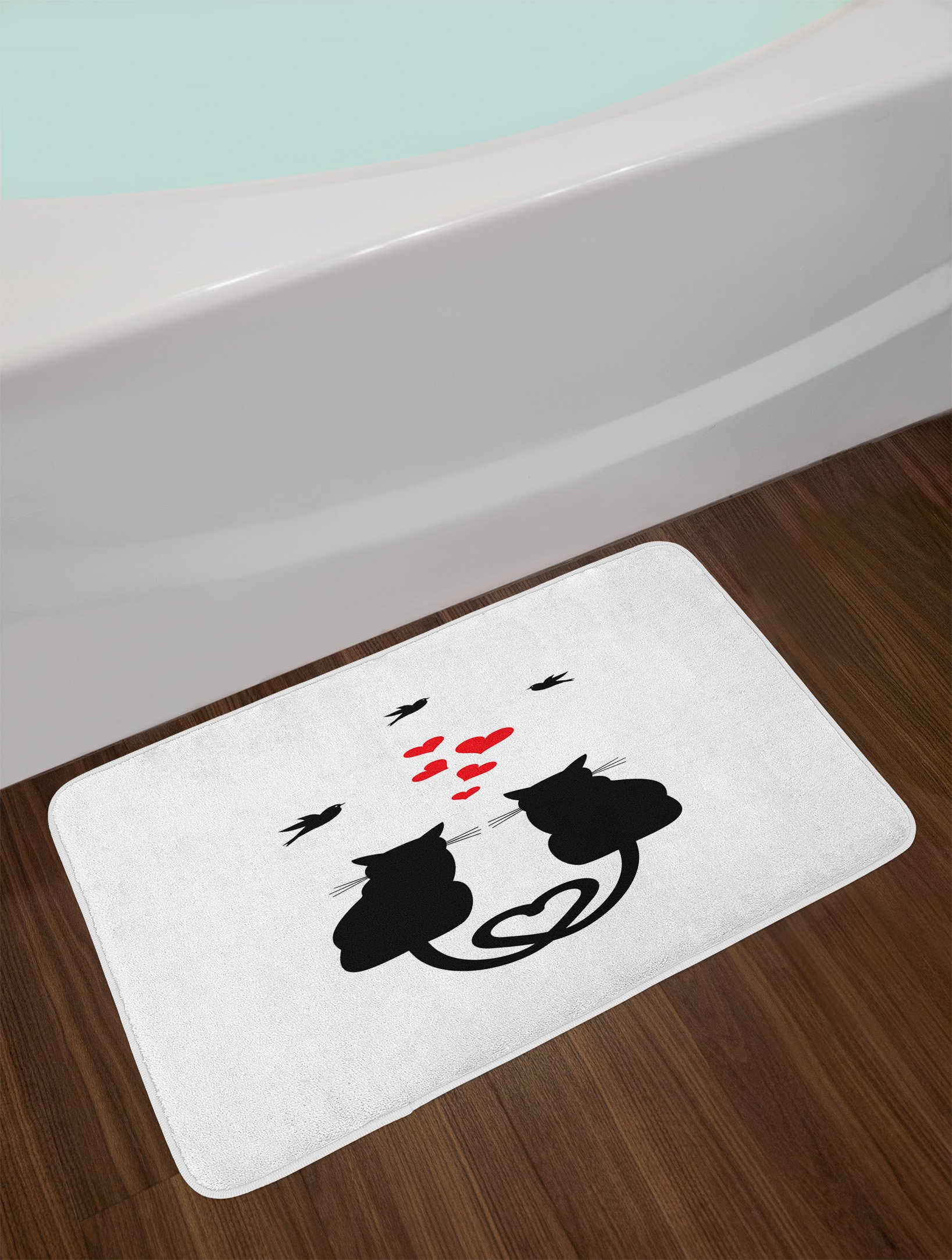 Ambesonne Romantic Cat Love Bath Mat - Non-Slip Heart Shaped Bathroom Rug with Valentine's Theme, Animal Silhouettes Design, 30.2