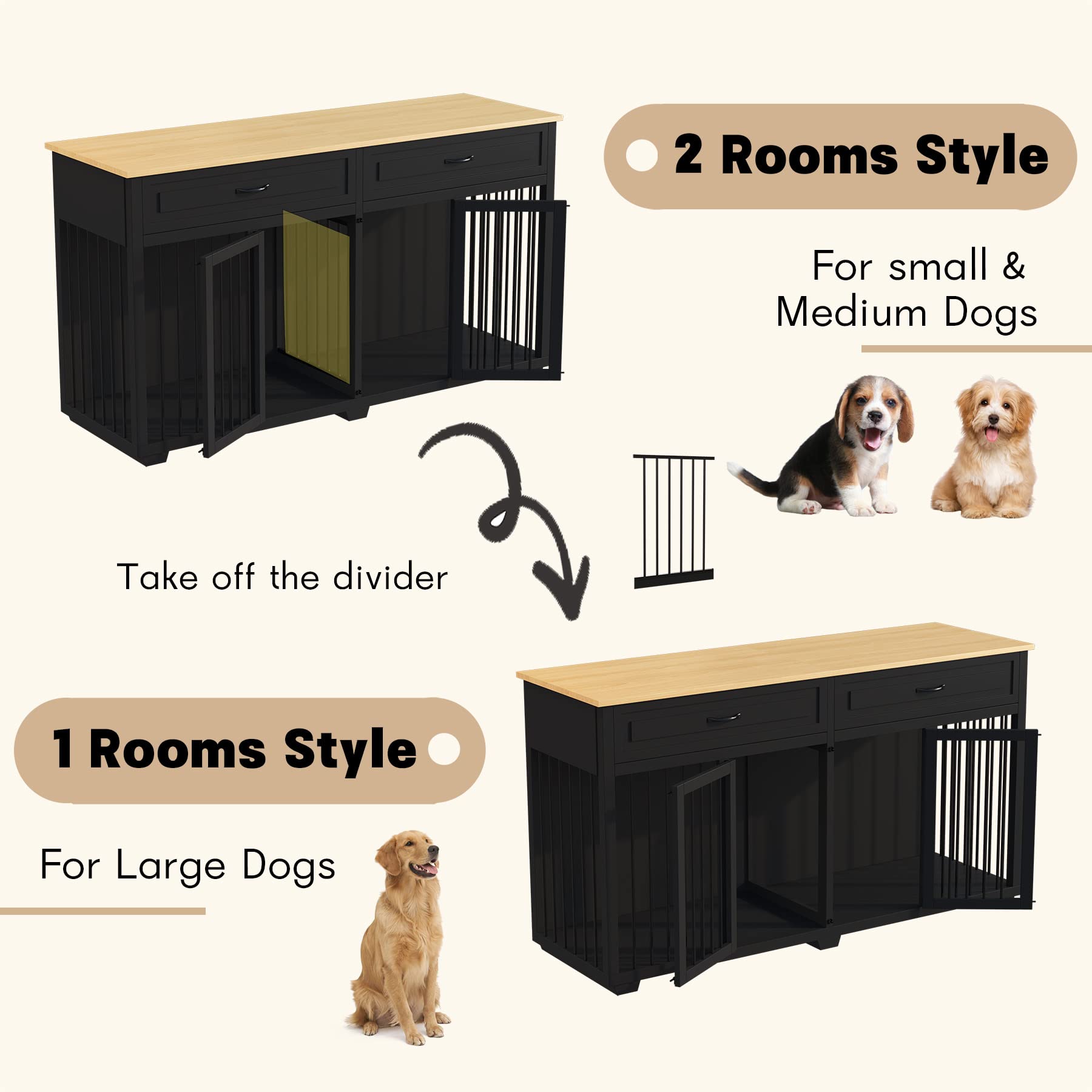 Lovinouse 73 Inch Heavy Duty Wooden Dog Crate with Double Room & Removable Divider - Furniture Style Dog Kennel House for Small, Medium, Large & X-Large Dogs - Black - Perfect as TV Stand or Entertainment Center for Living Room & Bedroom