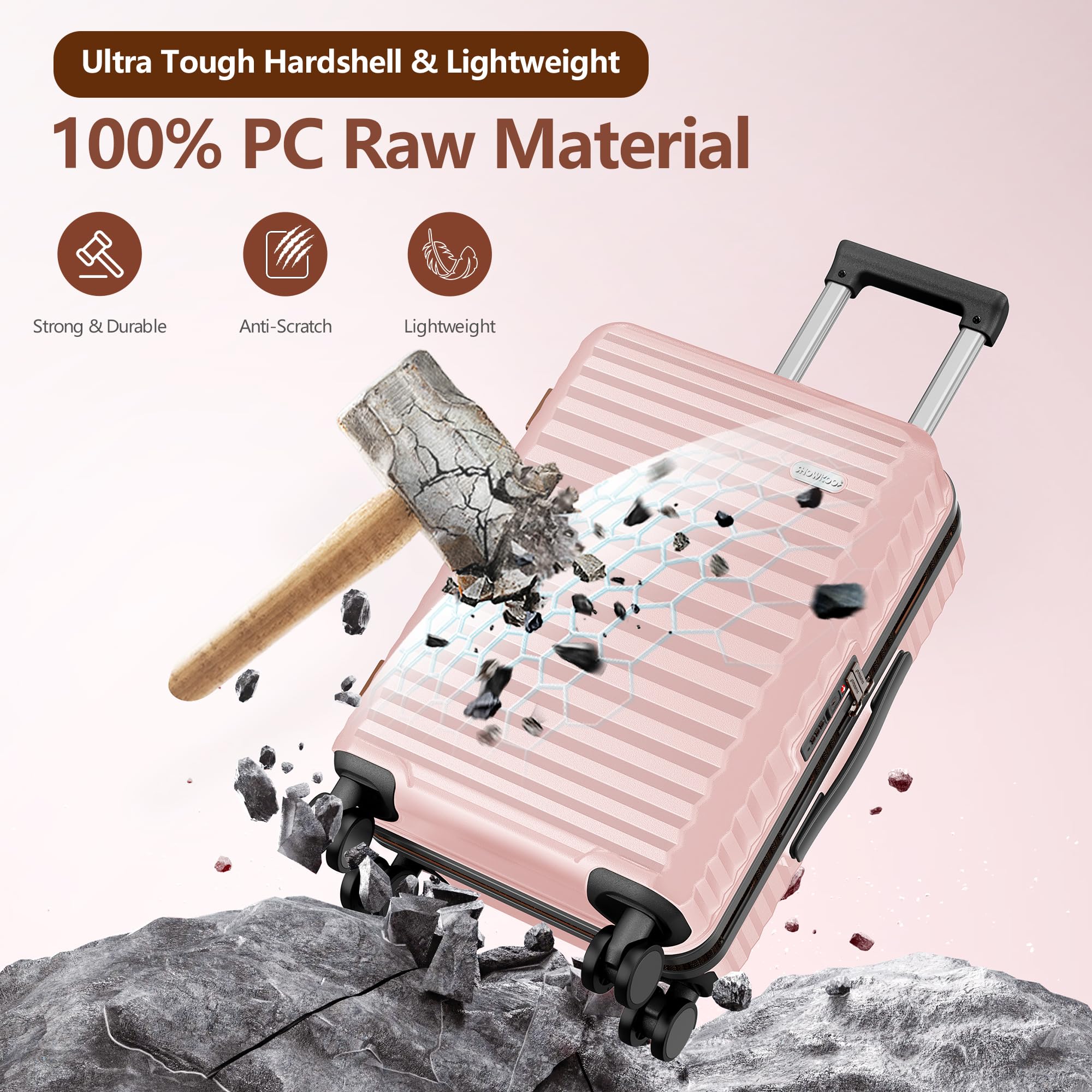 SHOWKOO 3-Piece Hardside Expandable Luggage Set with Double Spinner Wheels & TSA Lock - Pink (20/24/28 Inch) - Perfect for Family Travel, Business Trips, and International Vacations