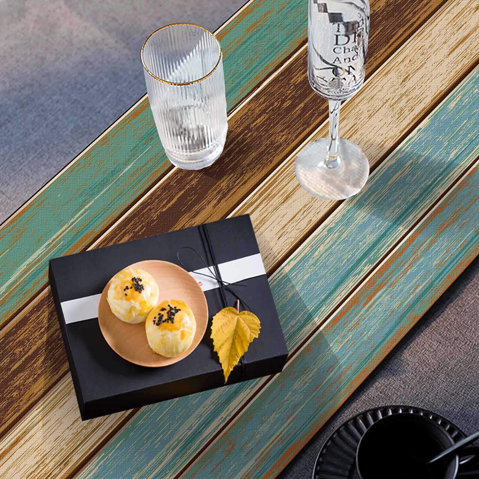 Mcalk Farmhouse Table Runner & 6-Piece Placemats Set - Teal & Brown Wooden Texture Rectangular Linen Placemats - Washable Kitchen & Dining Table Decor for Farmhouse, Rustic, or Modern Home Style - Perfect for Everyday Meals, Dinner Parties, and Holiday Gatherings