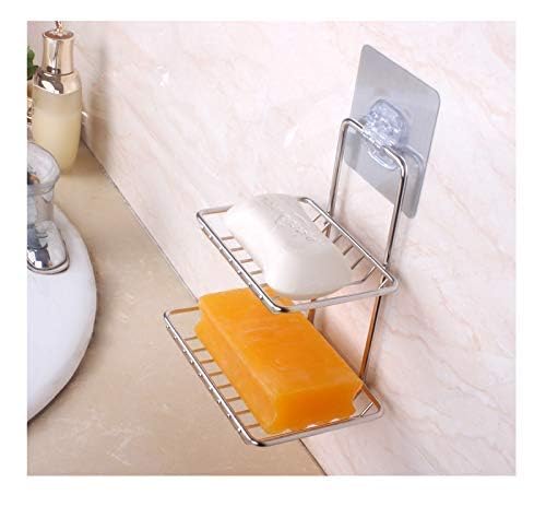 Stainless Steel Wall Mounted Double Layer Soap Dish Holder - Rustproof Bathroom & Kitchen Soap Storage Rack with Self-Adhesive Sticker (Silver) - Perfect for Shower, Sink Countertop, and Vanity Organization
